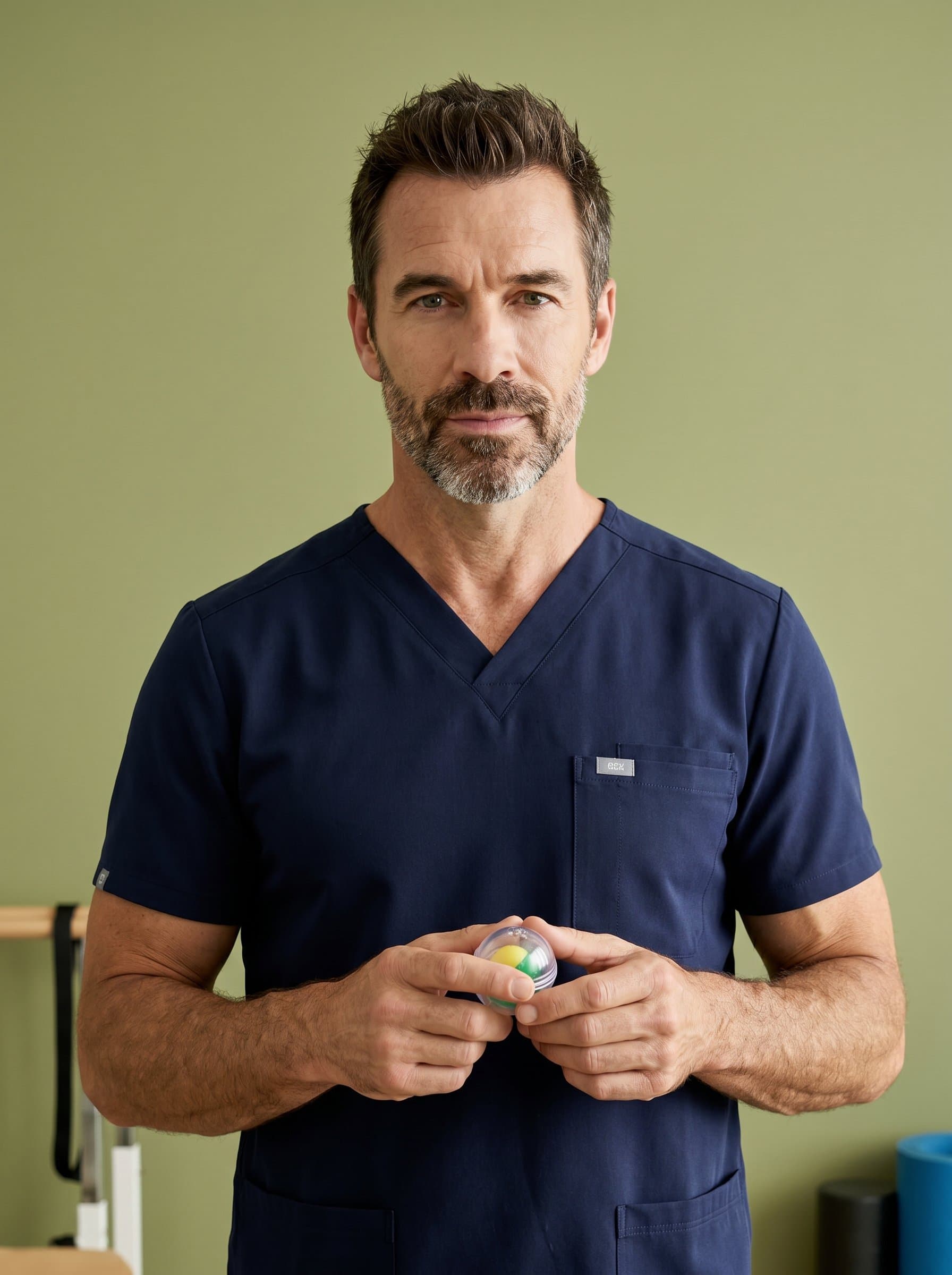 A occupational therapist holding a small therapy tool, showing an attentive expression. The light olive background provides a serene setting, reflecting their skill and readiness to assist clients.