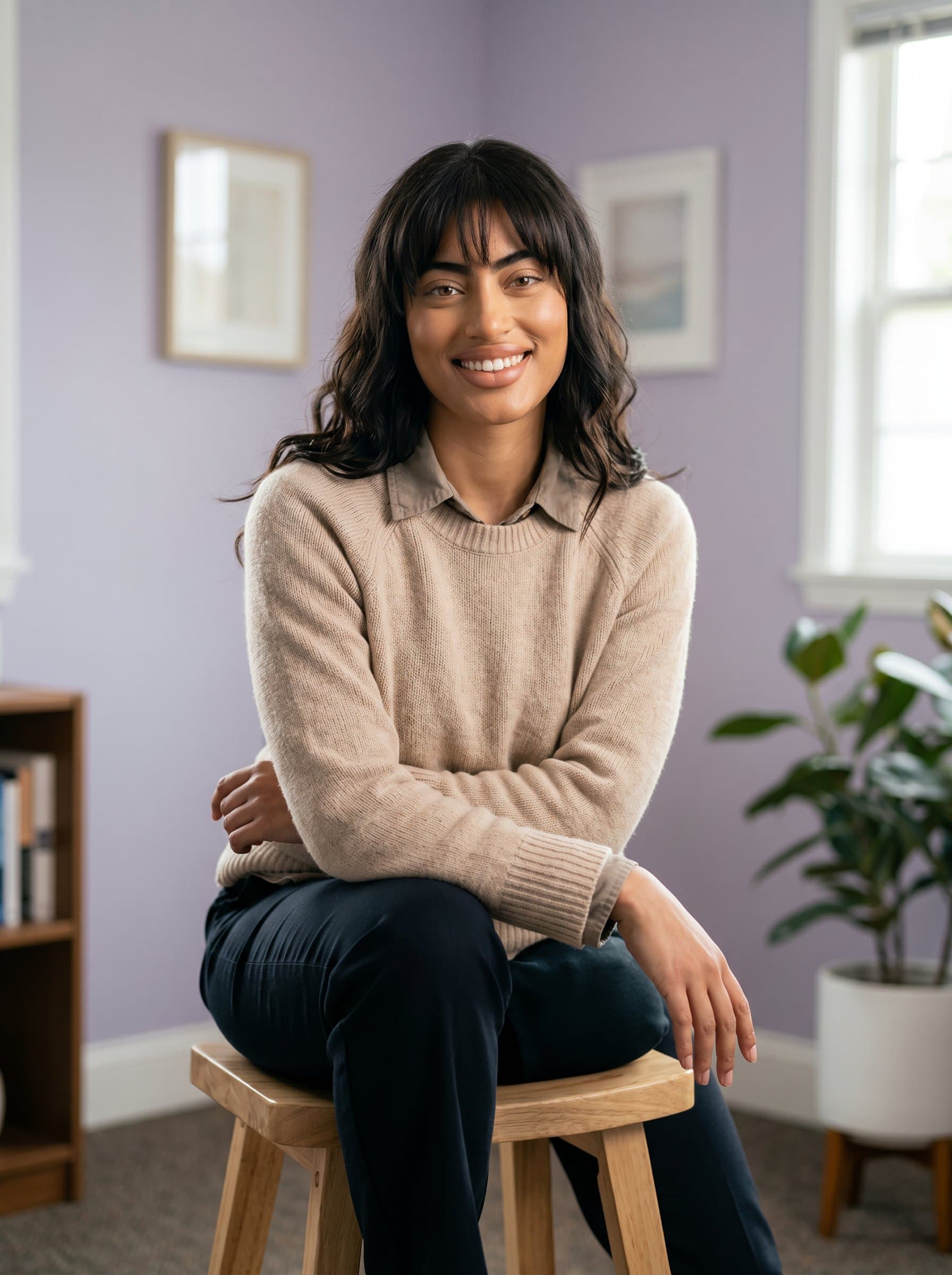 therapist sitting on a stool, with a relaxed posture and a reassuring smile. The subtle lavender background gives a sense of calm professionalism, enhancing the therapist's inviting presence.