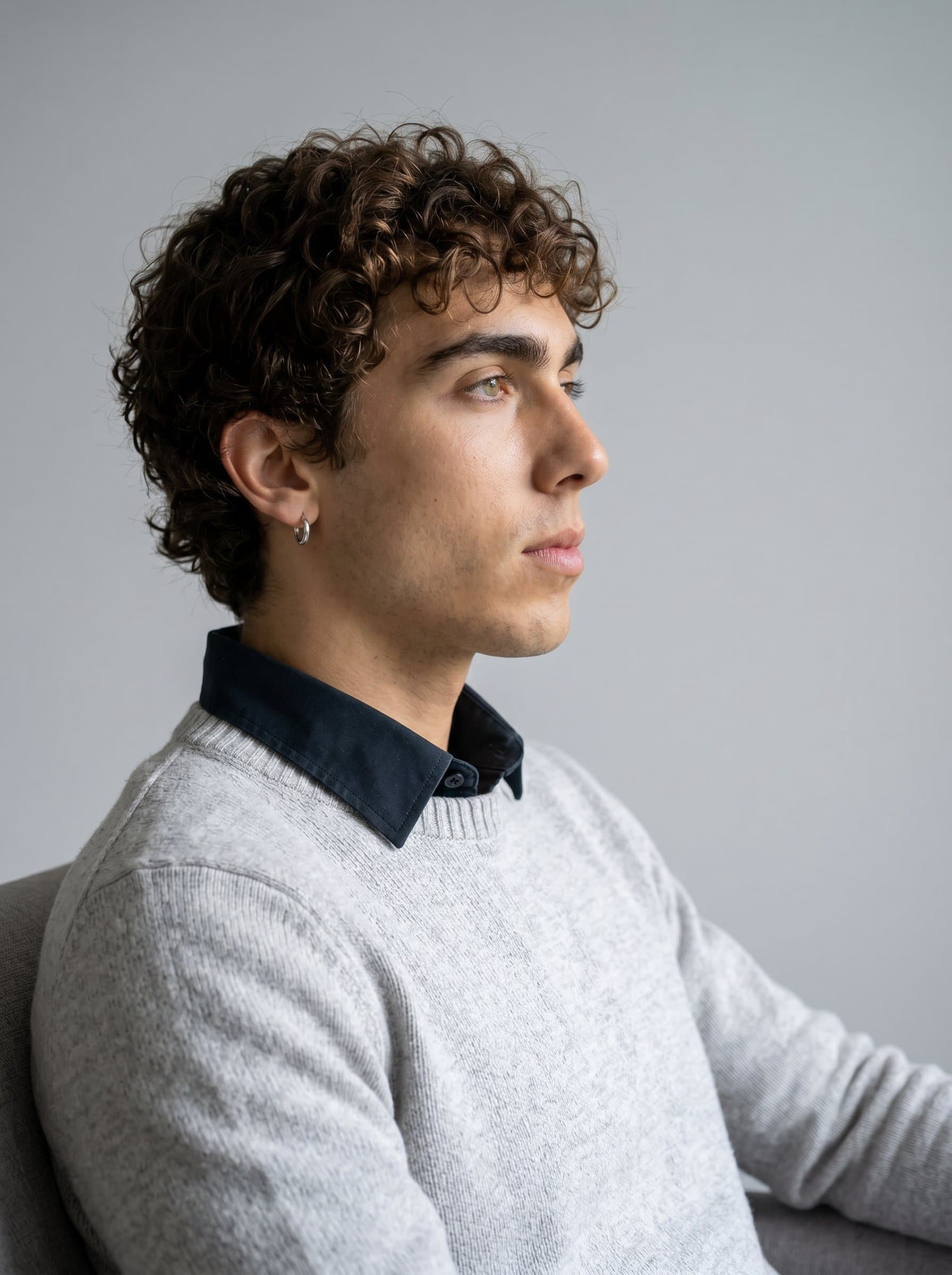 Profile shot of a therapist, gazing serenely into the distance. A soothing light gray background complements their thoughtful appearance, indicative of their compassionate and caring nature.