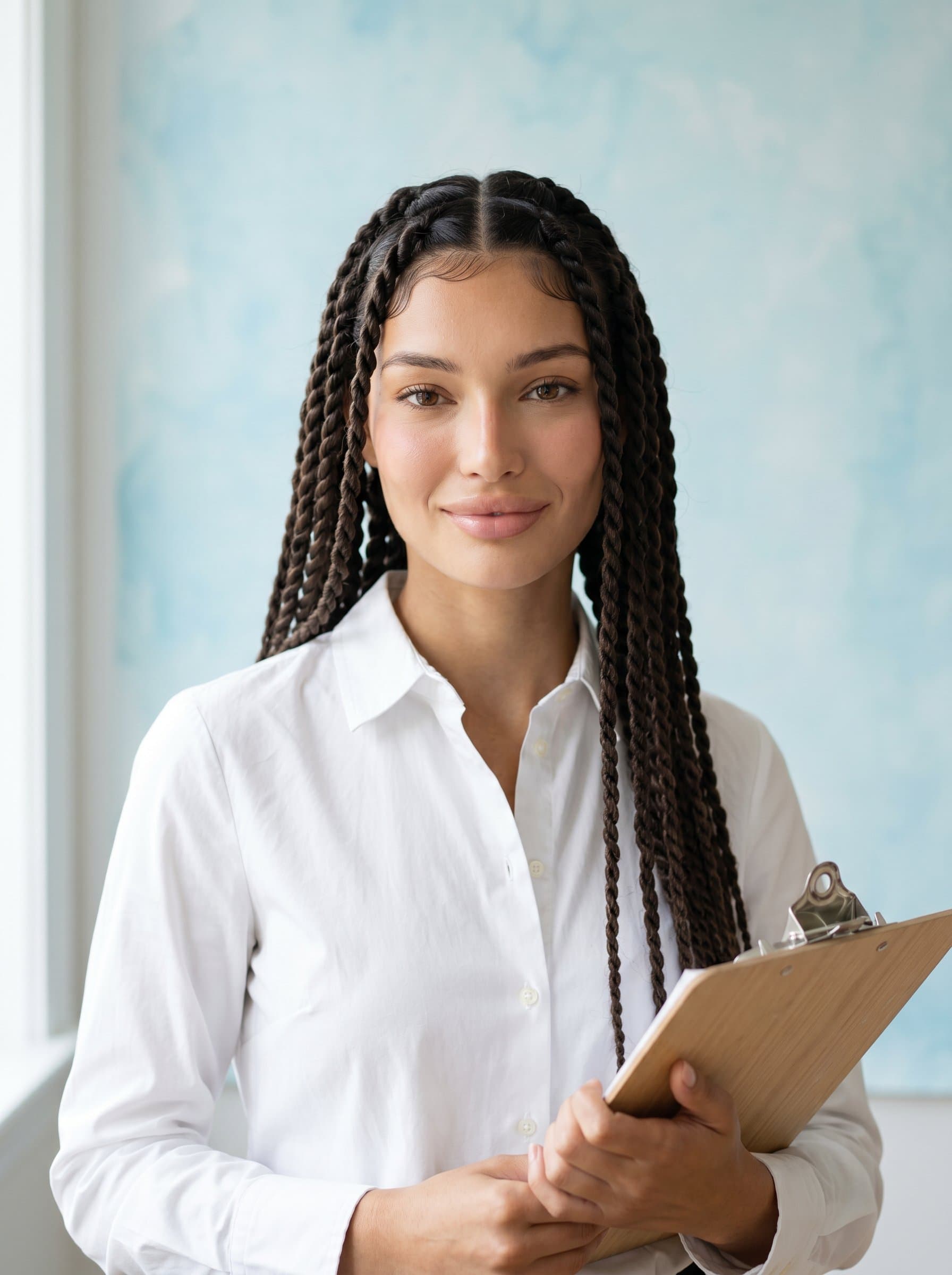 A therapist in a crisp white shirt, gently holding a clipboard. Their eyes convey trust and reliability, with a pastel blue wash in the background for a calming, soothing effect.