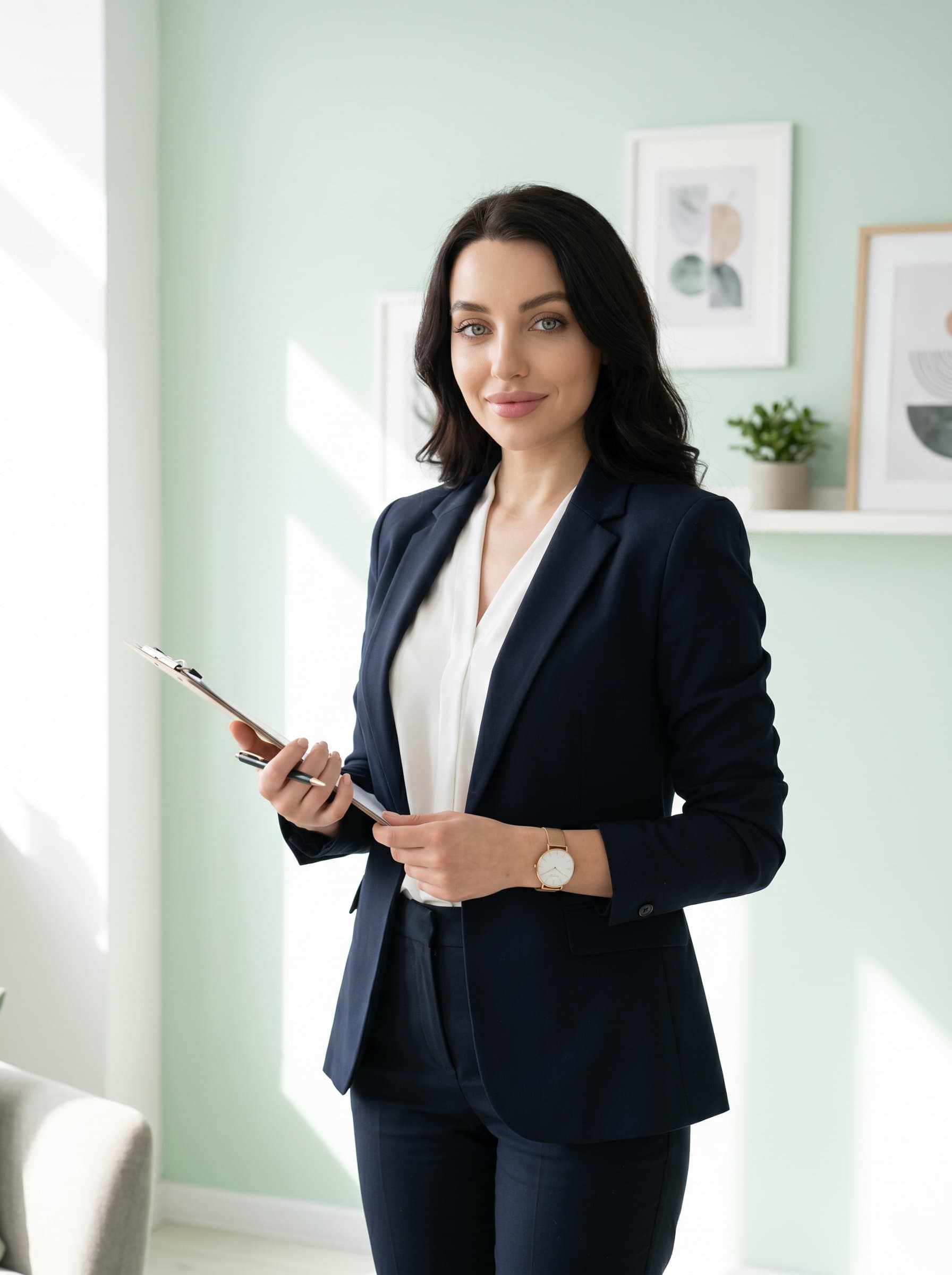 A therapist, confidently standing with a subtle smile, wearing a minimalist watch. The pale mint background adds an air of freshness and clarity, enhancing their professional appearance.