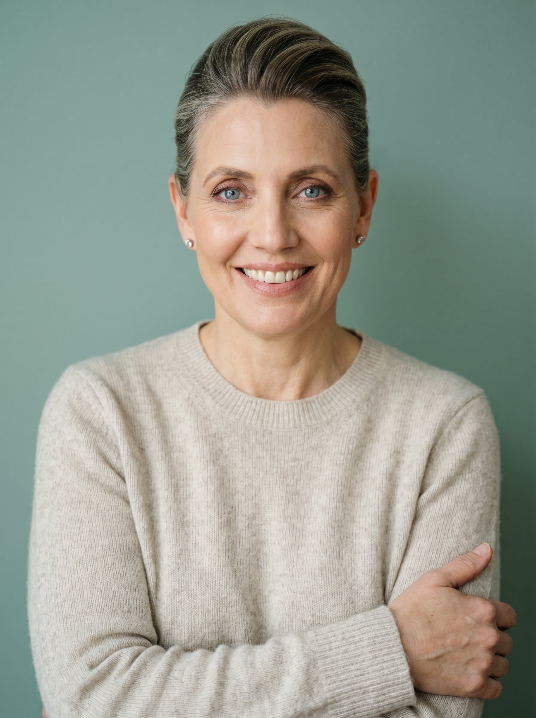 therapist in a light knit sweater, arms gently folded, radiating warmth. The muted seafoam backdrop provides a tranquil, professional atmosphere, highlighting their compassionate essence.