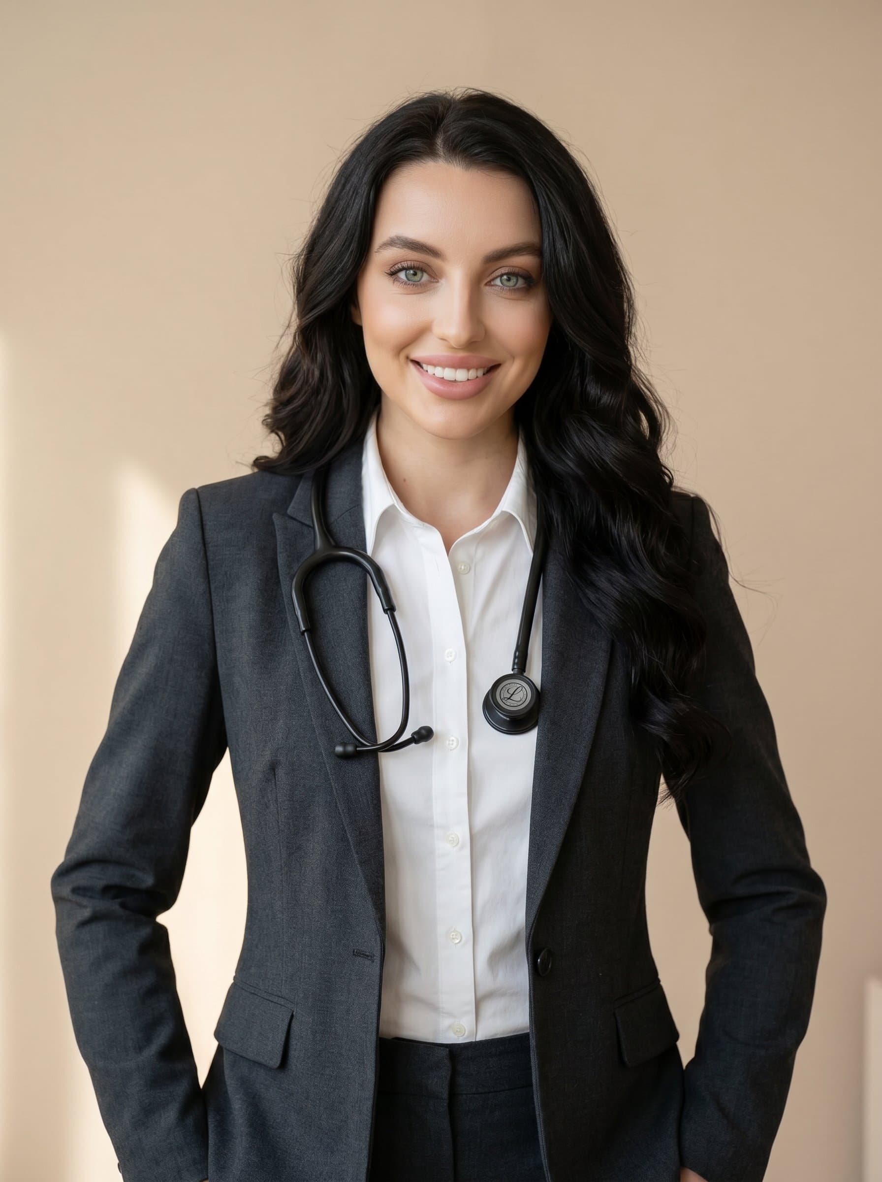 A occupational therapist wearing a tailored suit, standing confidently with a stethoscope draped around their neck, smiling warmly. The soft beige background accentuates the therapist's approachable and professional demeanor.