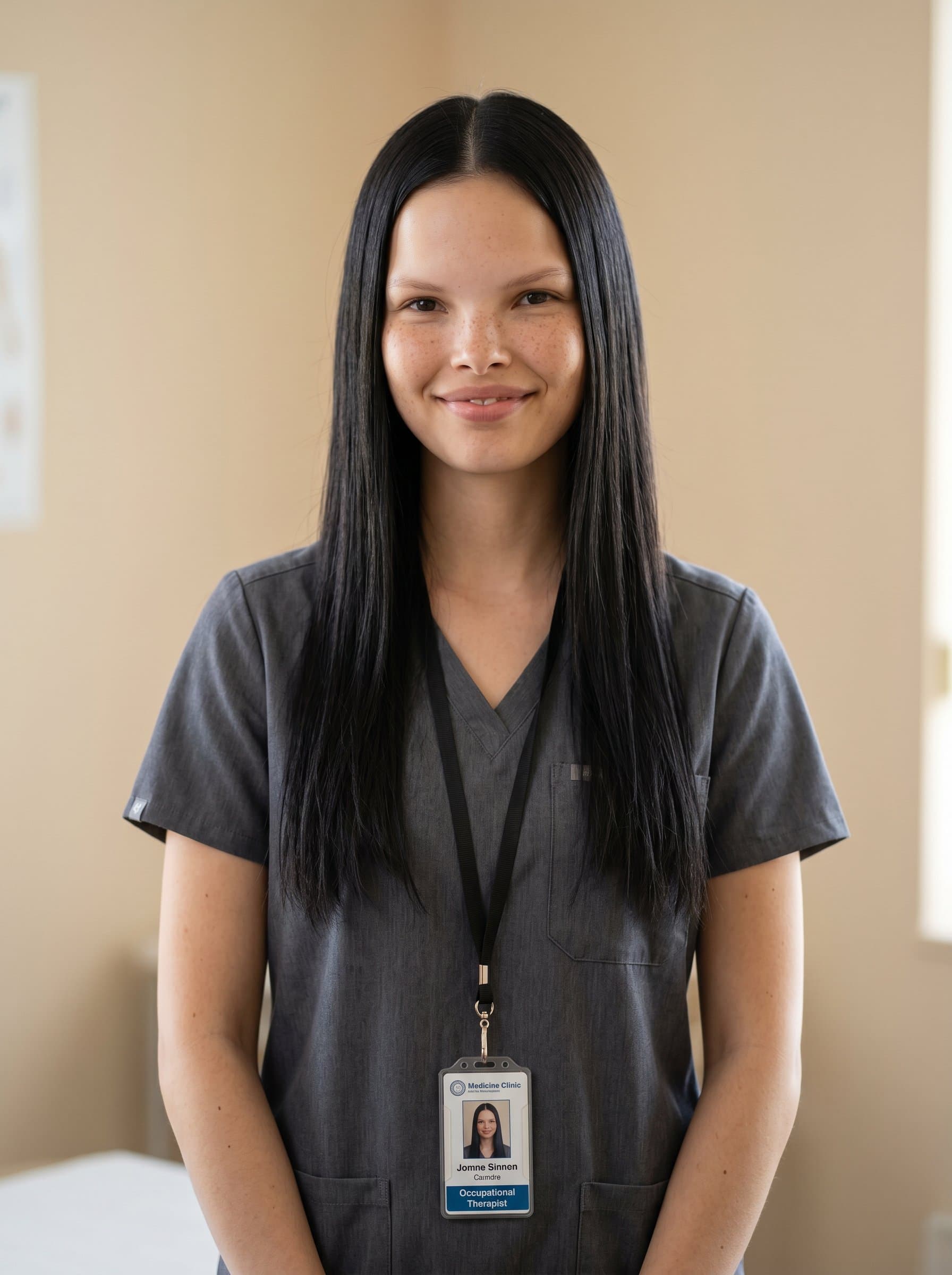 A occupational therapist, with an open posture, showcasing a subtle grin. The background is a soft sand color, emphasizing their professionalism and empathetic approach to therapy.