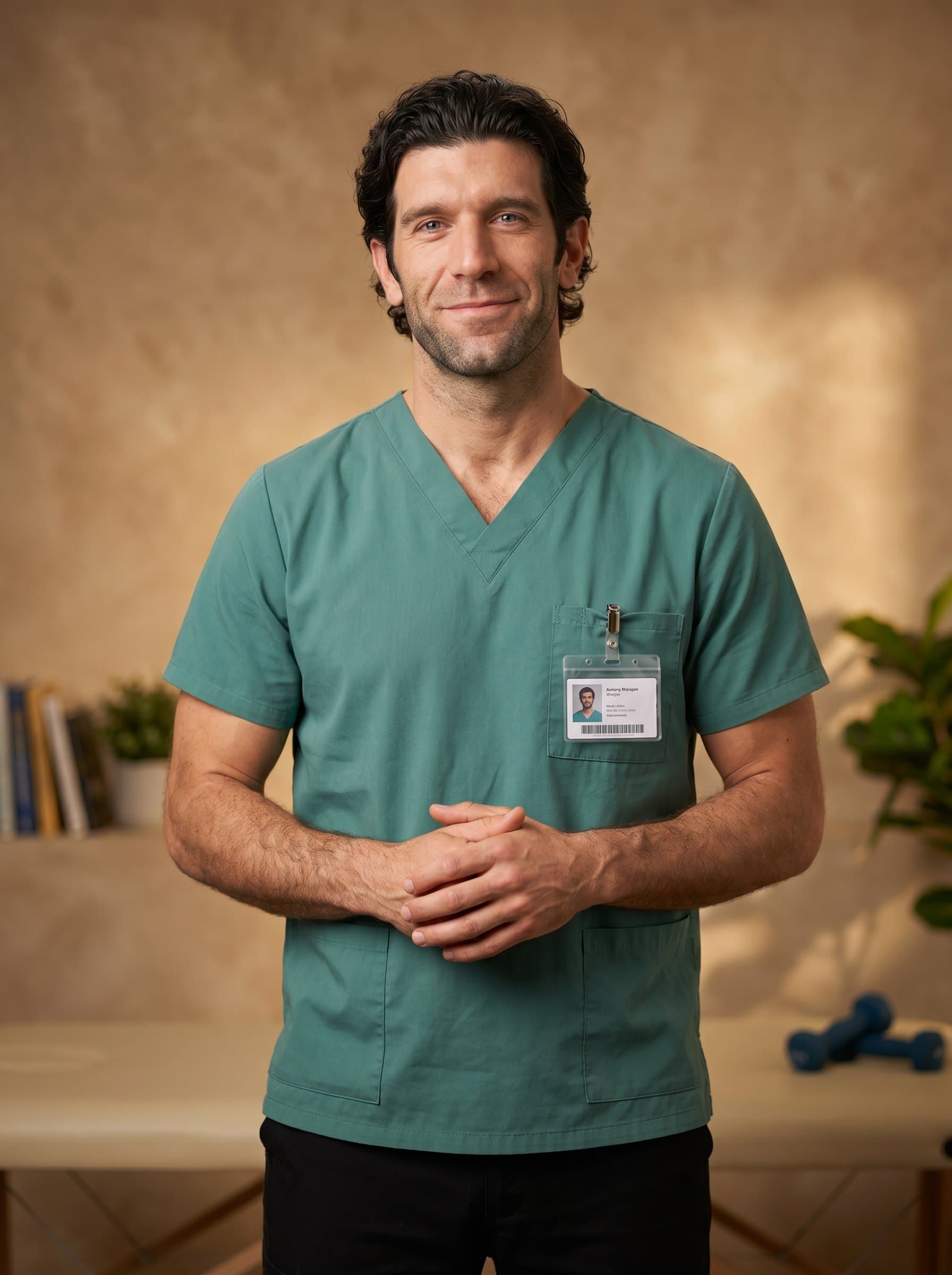 A occupational therapist with a confident yet soft smile, standing with hands clasped at the front. The warm tan background underscores their nurturing and expert qualities.