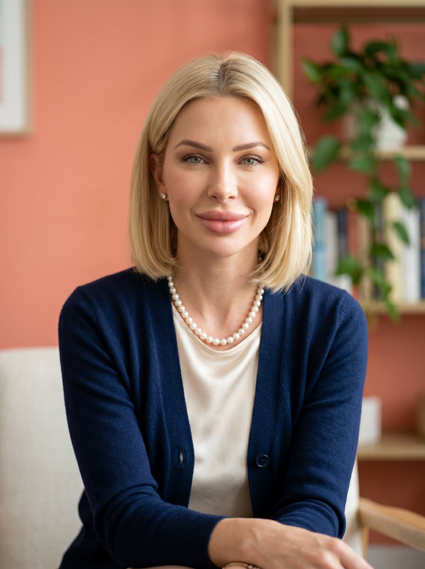 Portrait of a therapist, looking directly into the camera with a gentle expression. The soft coral background enhances their friendly and calm presence.