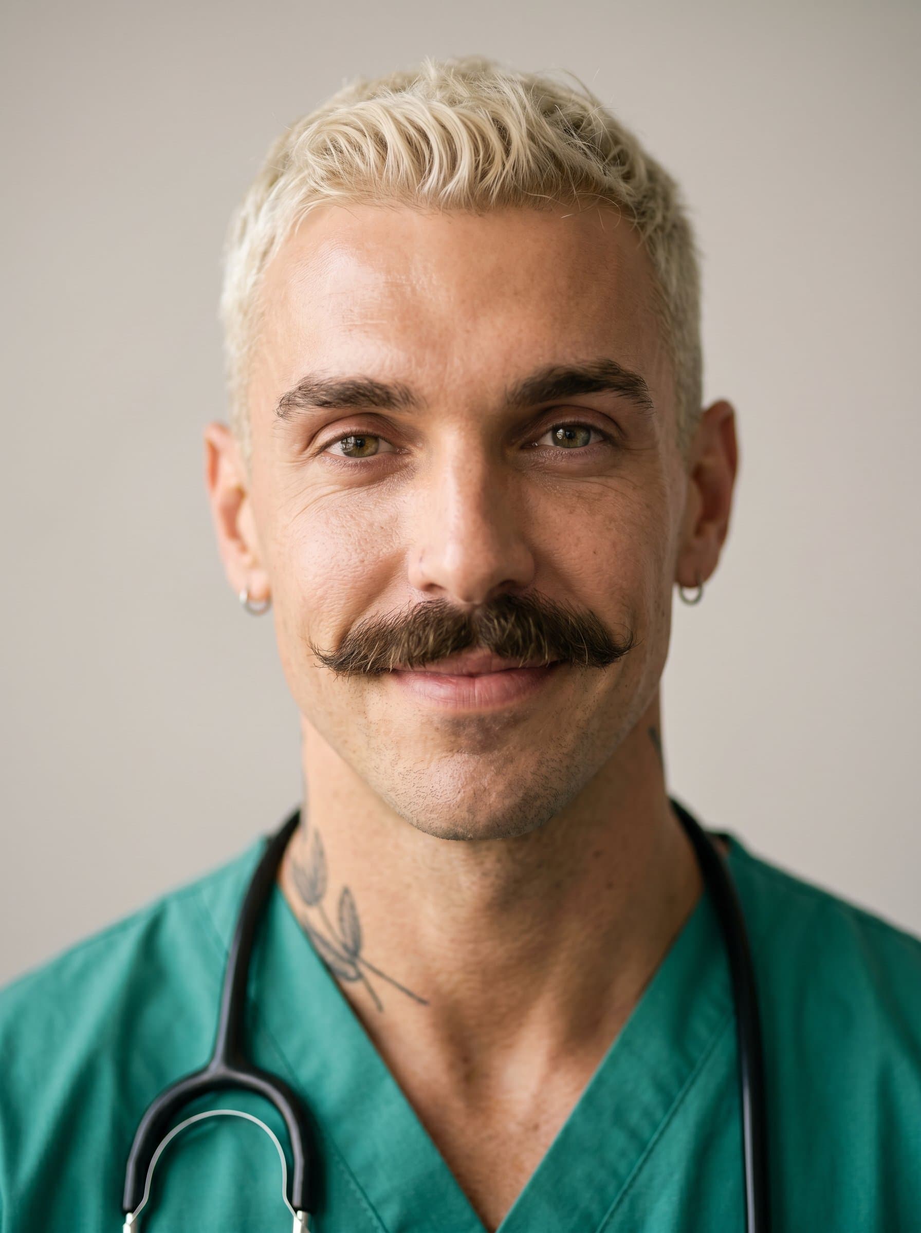 Headshot of a occupational therapist, with a soft focus on the facial features. The neutral background in warm light gray provides a backdrop that enhances their empathetic and skilled persona.