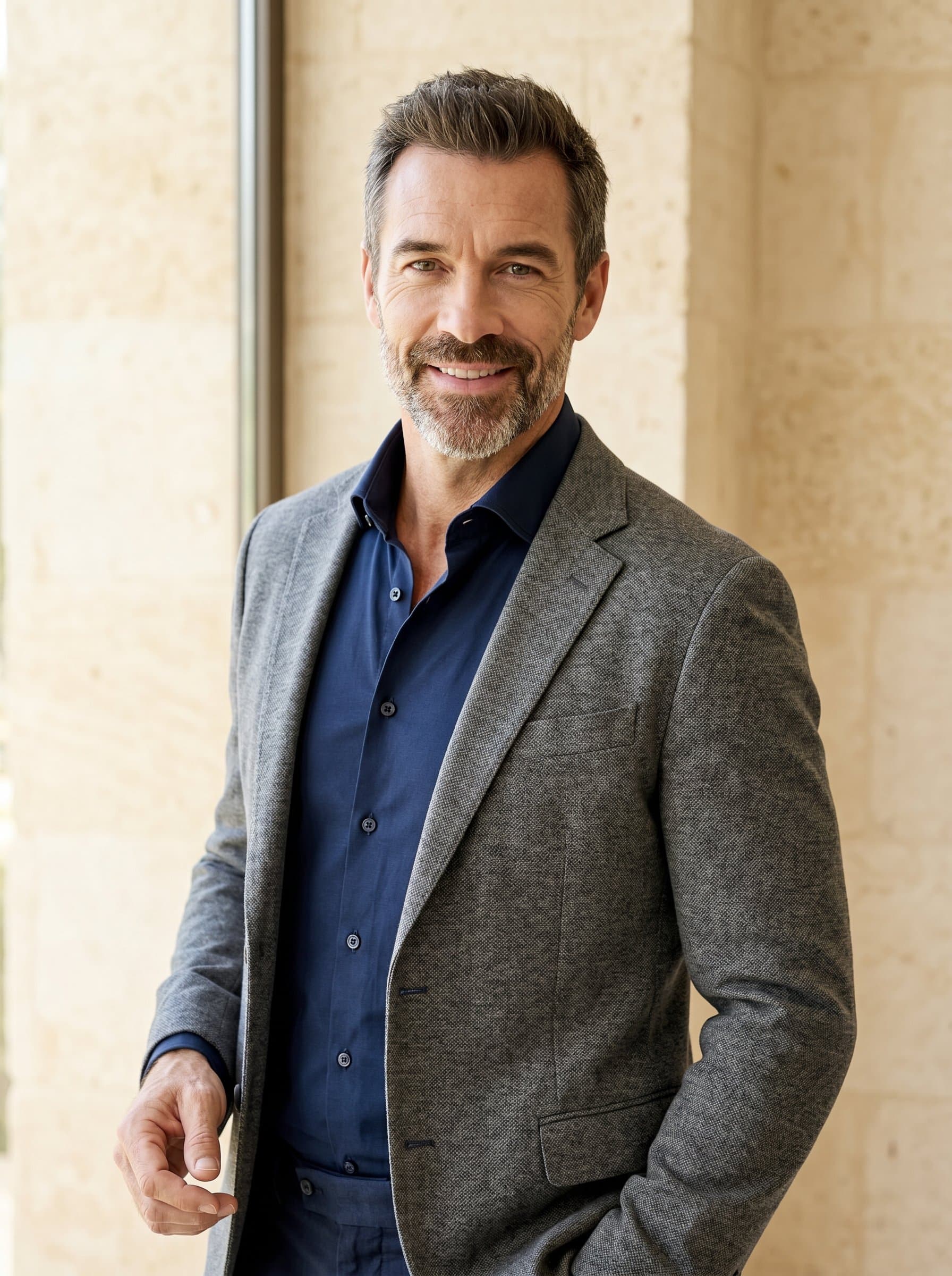 A therapist in a casual yet professional shirt, leaning slightly sideways, with a reassuring smile. The light stone backdrop emphasizes their approachable and trustworthy stature.