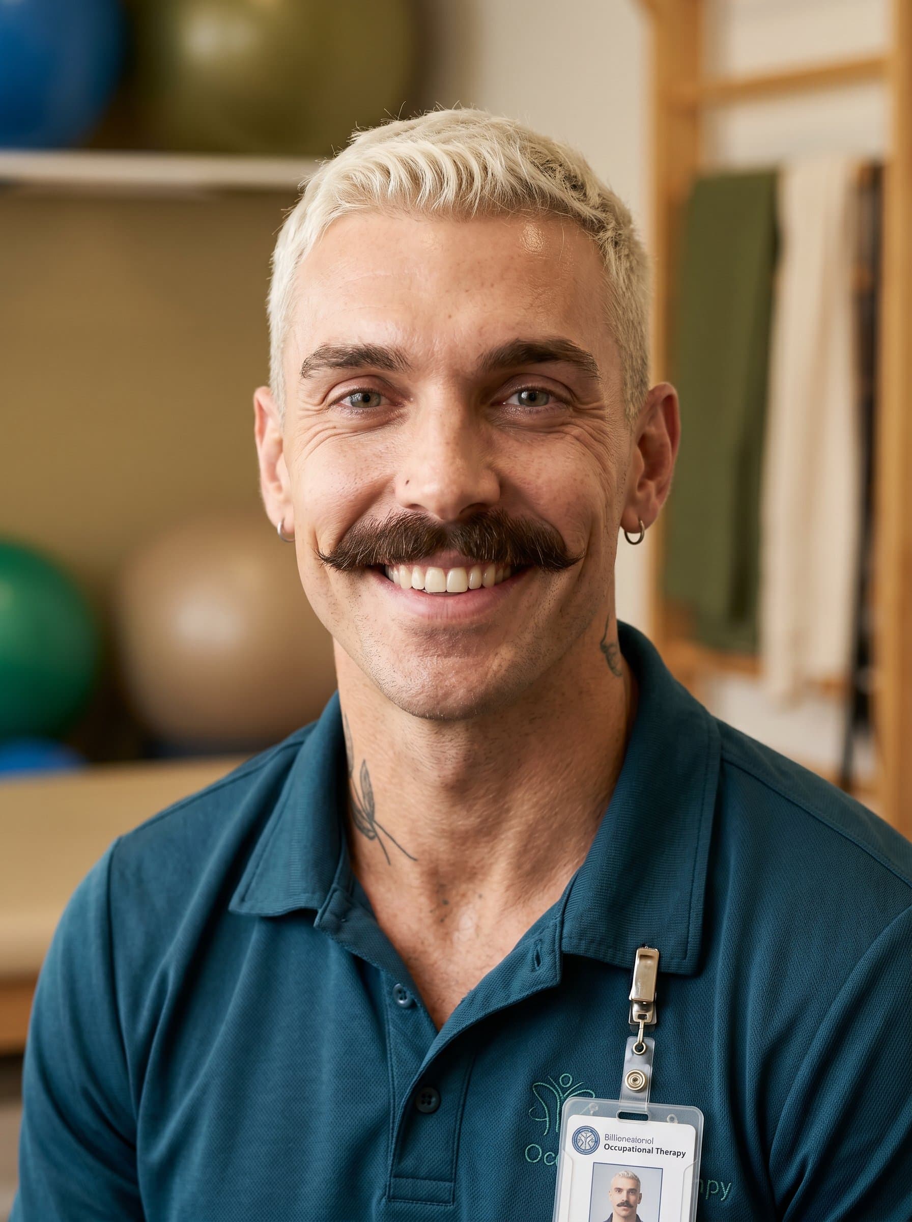 Close-up of a occupational therapist's face, expressing kindness and sincerity. The blurred background in soft earth tones enhances their expression, suggesting warmth and openness in a professional setting.