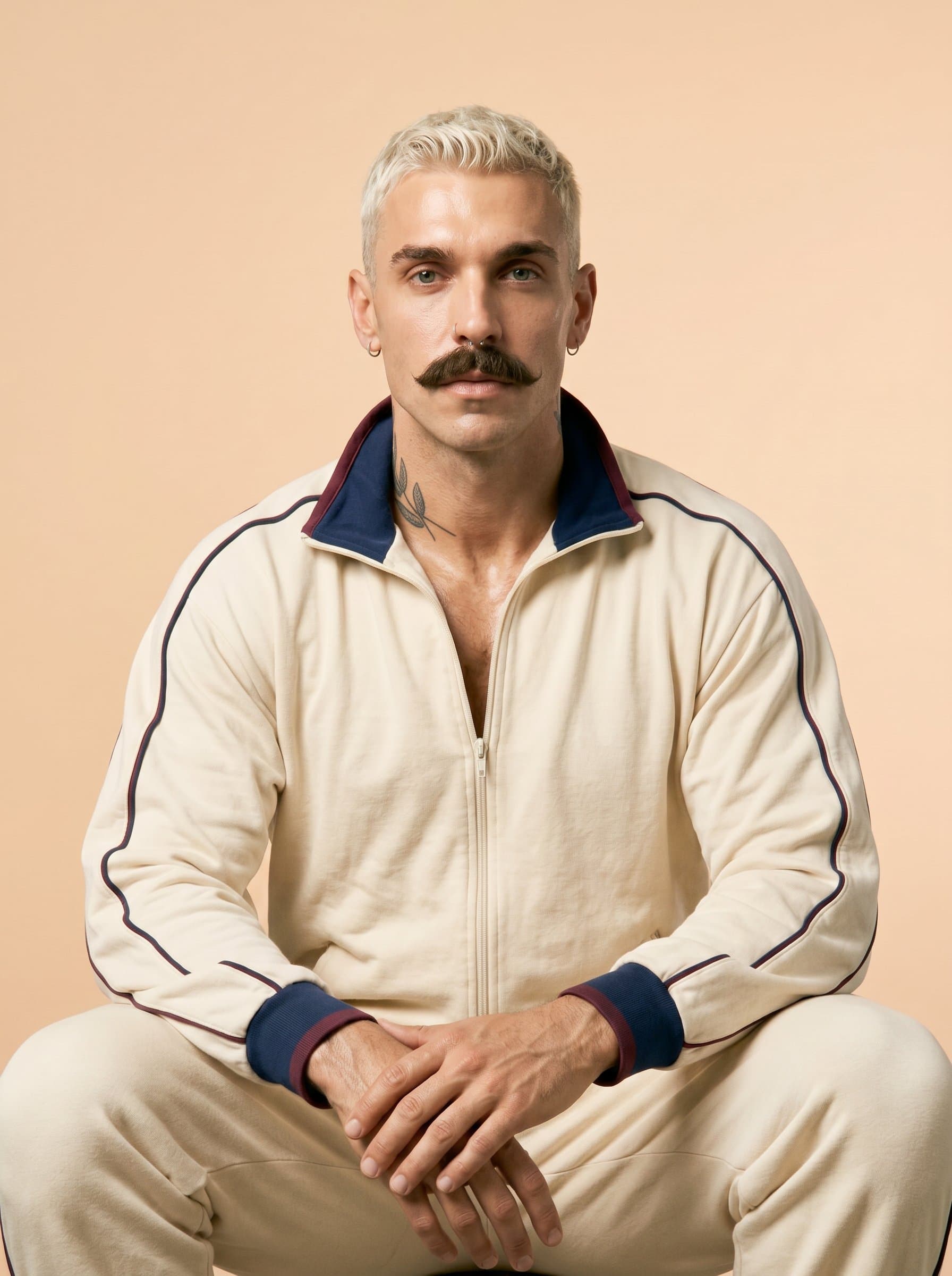 Headshot of a therapist, hands resting calmly on their lap. The serene light peach background promotes a sense of peace and trust, complementing their approachable nature.