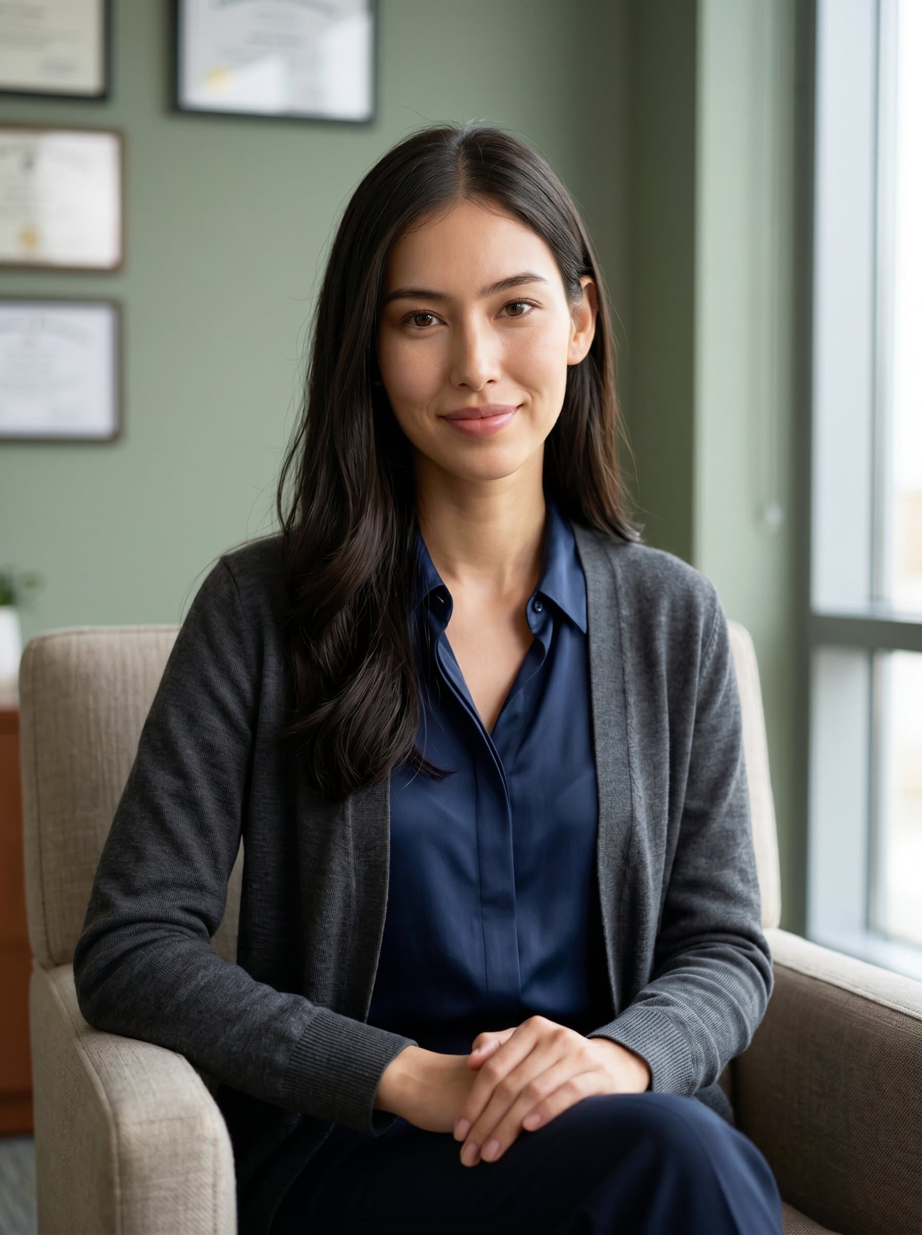 A therapist, seated and gently clasping hands, eyes reflecting understanding. The subtle sage background enhances their professional demeanor, offering a sense of serenity and trust.