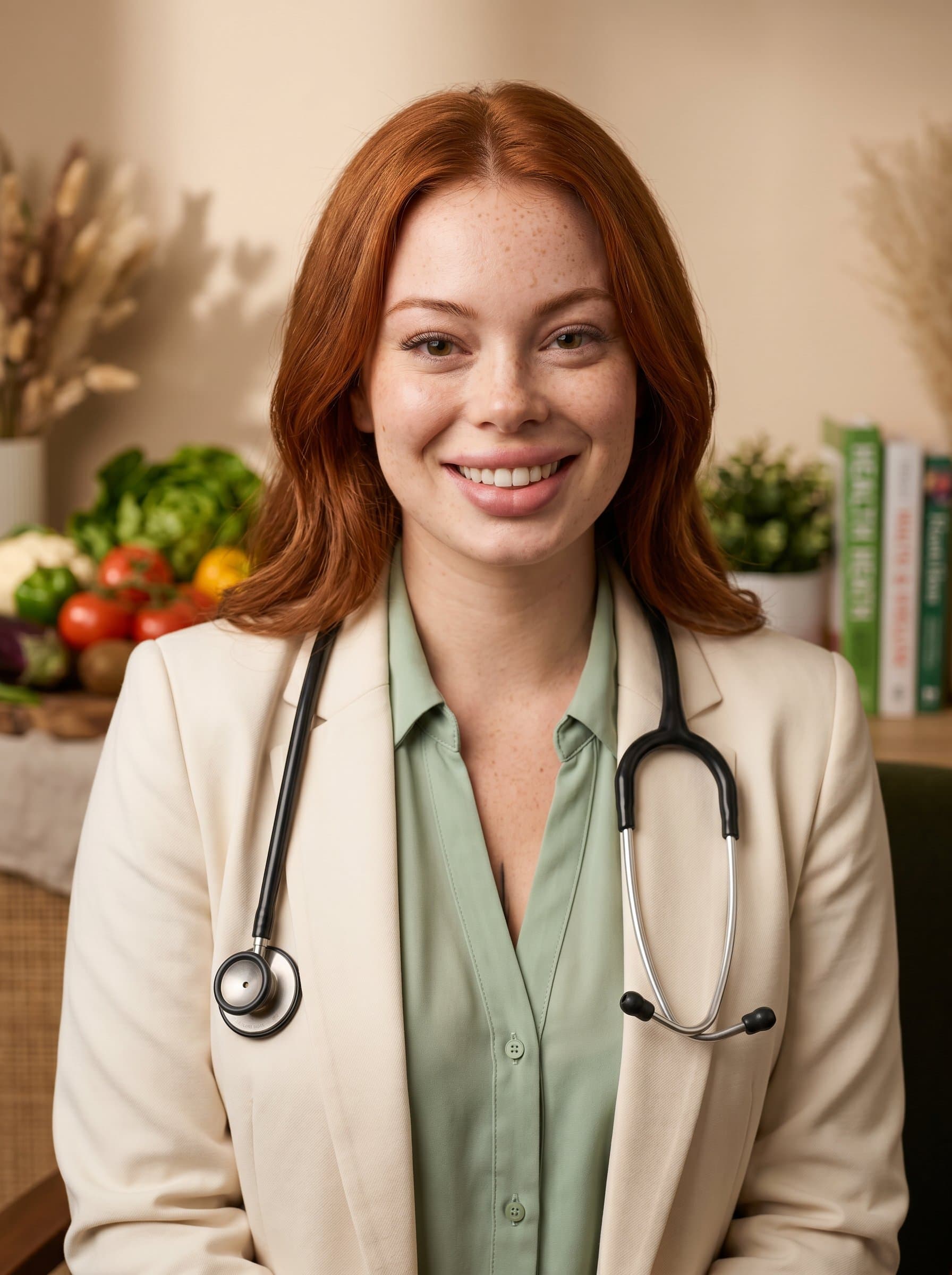 : A studio headshot of a dietitian, featuring soft, warm tones. They are wearing smart-casual attire with a stethoscope draped around their neck, symbolizing their commitment to health and wellness.