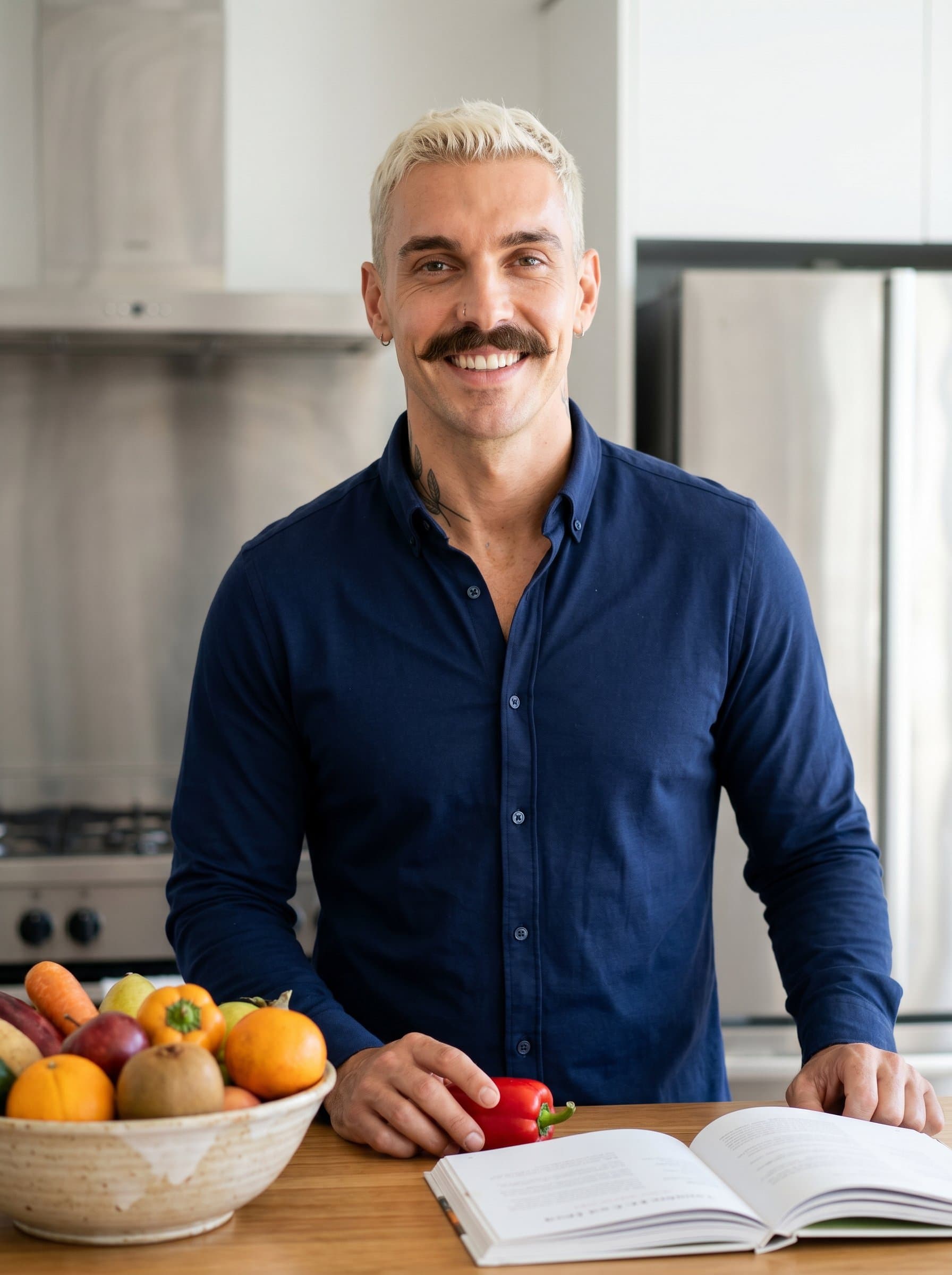 : A headshot featuring a dietitian in their home kitchen. Modern appliances and a bowl of seasonal fruits and vegetables are visible, suggesting a practical, hands-on approach to healthy eating.
