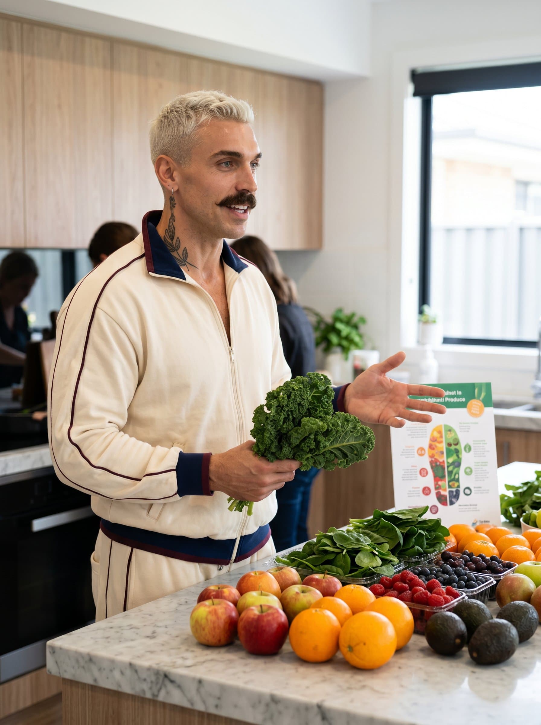 : A vibrant photo of a dietitian in a kitchen setting. Natural light floods the room, illuminating a counter filled with diverse fruits and leafy greens. The dietitian is explaining nutritional facts.