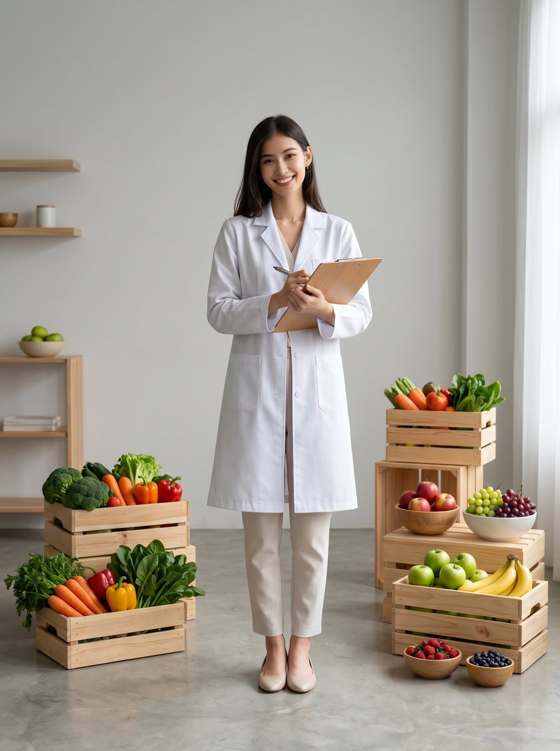 : A dietitian in a minimalist studio setting, wearing a white coat, holding a clipboard, surrounded by fresh vegetables and fruits. Soft lighting creates a professional and inviting atmosphere.