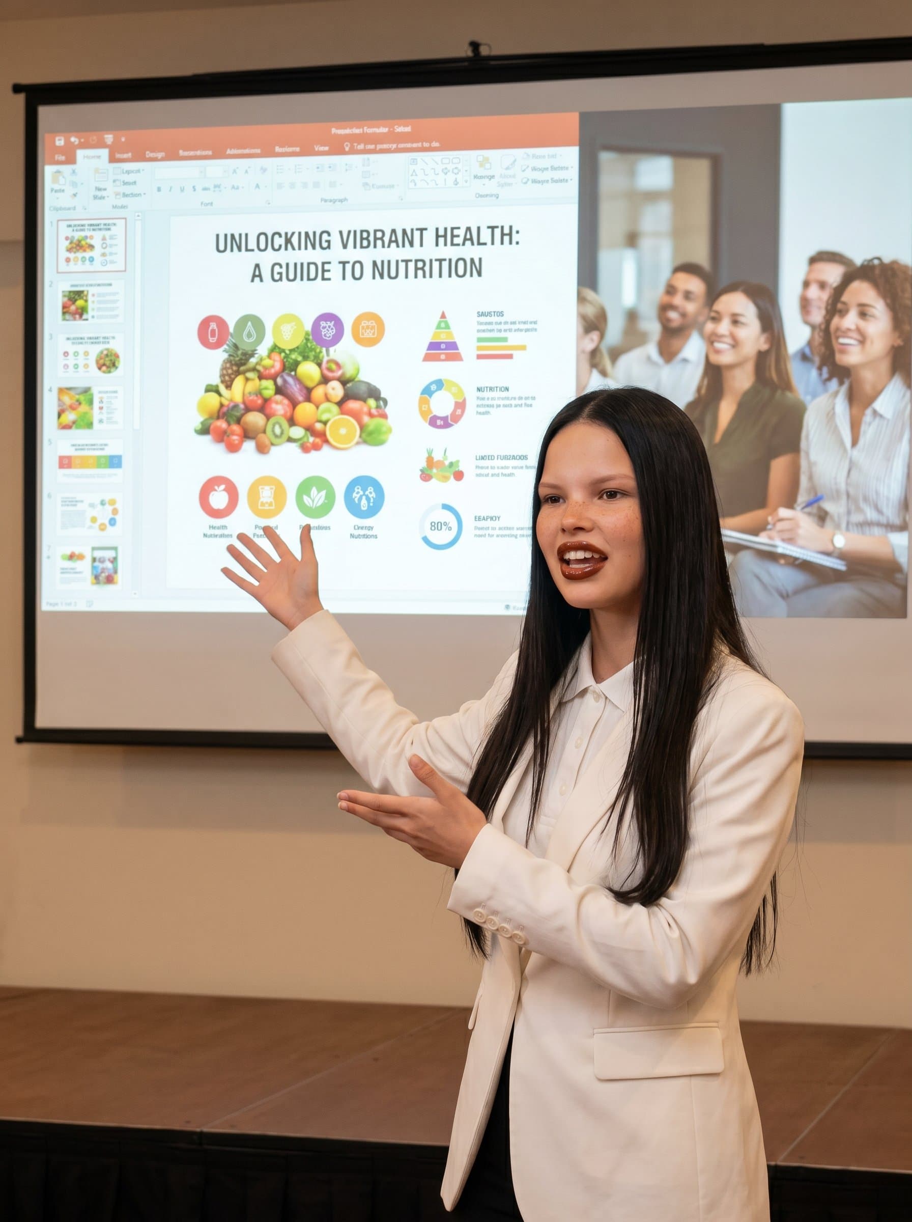 : A vibrant, dynamic shot of a dietitian delivering a public lecture on nutrition. A projector displays colorful, informative slides on a screen behind them.