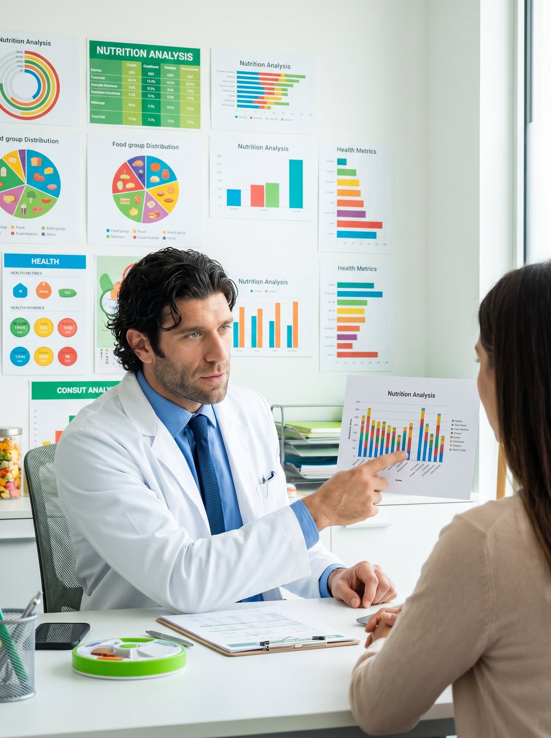 : A professional dietitian sits in a modern office, surrounded by colorful charts and graphs. The setting reflects a vibrant, data-driven approach to nutrition counseling.