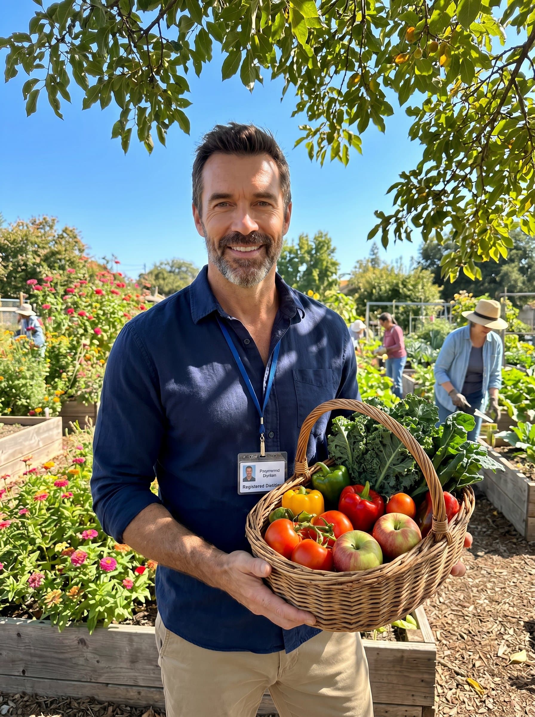 : In a natural outdoor setting, a dietitian stands confidently in a community garden. Sunlight dapples through trees, highlighting their approachable smile and a basket full of fresh produce.