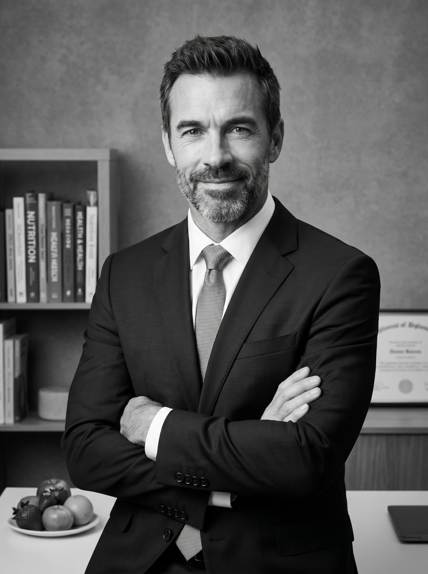 : A classic studio portrait of a dietitian wearing formal attire, with a subtle smile. The monochrome palette highlights their professionalism and dedication to health and nutrition.
