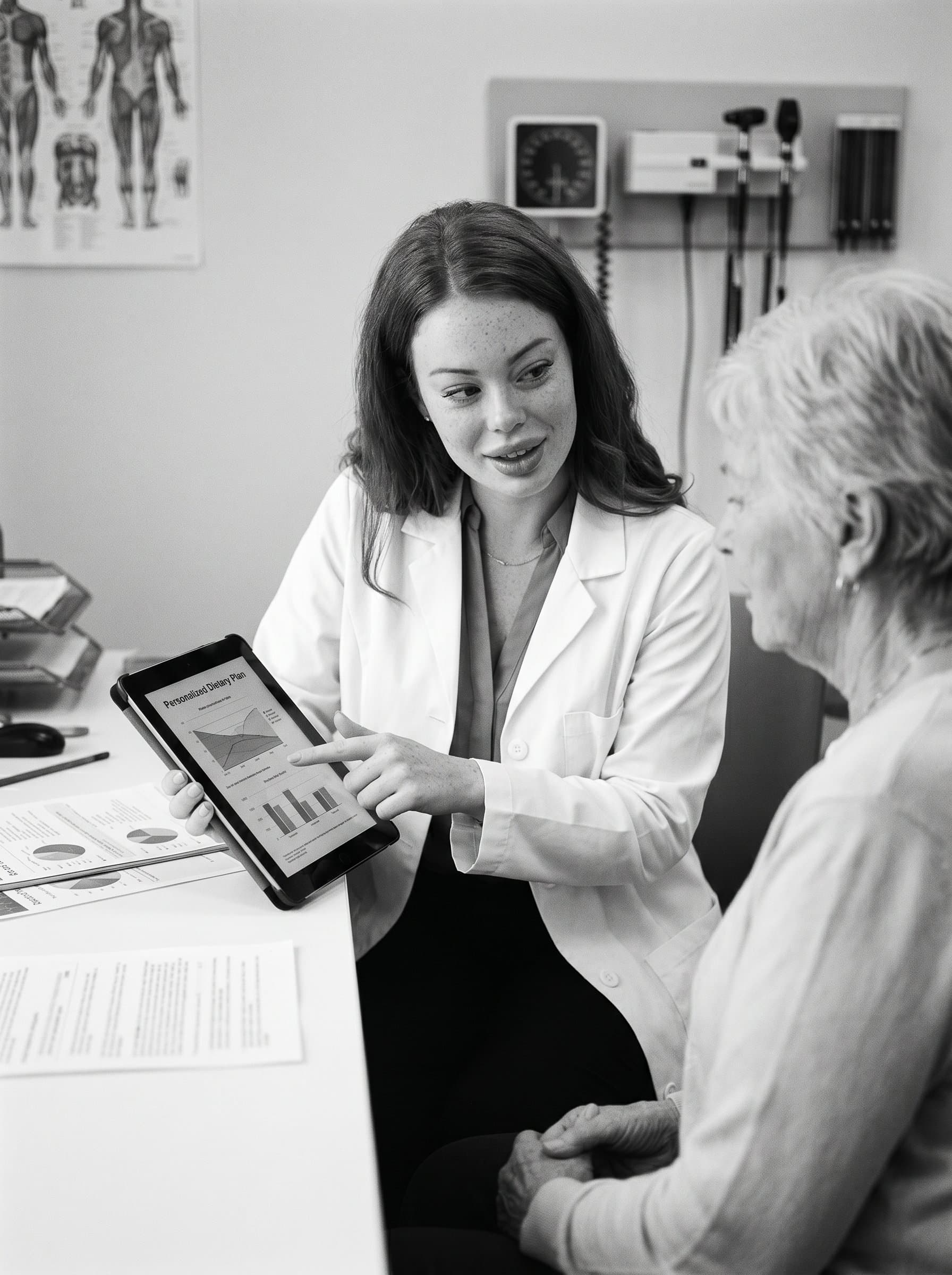 : A dietitian in a clinical environment, captured in monochrome. They are interacting with a patient, using a digital tablet to discuss personalized dietary plans.