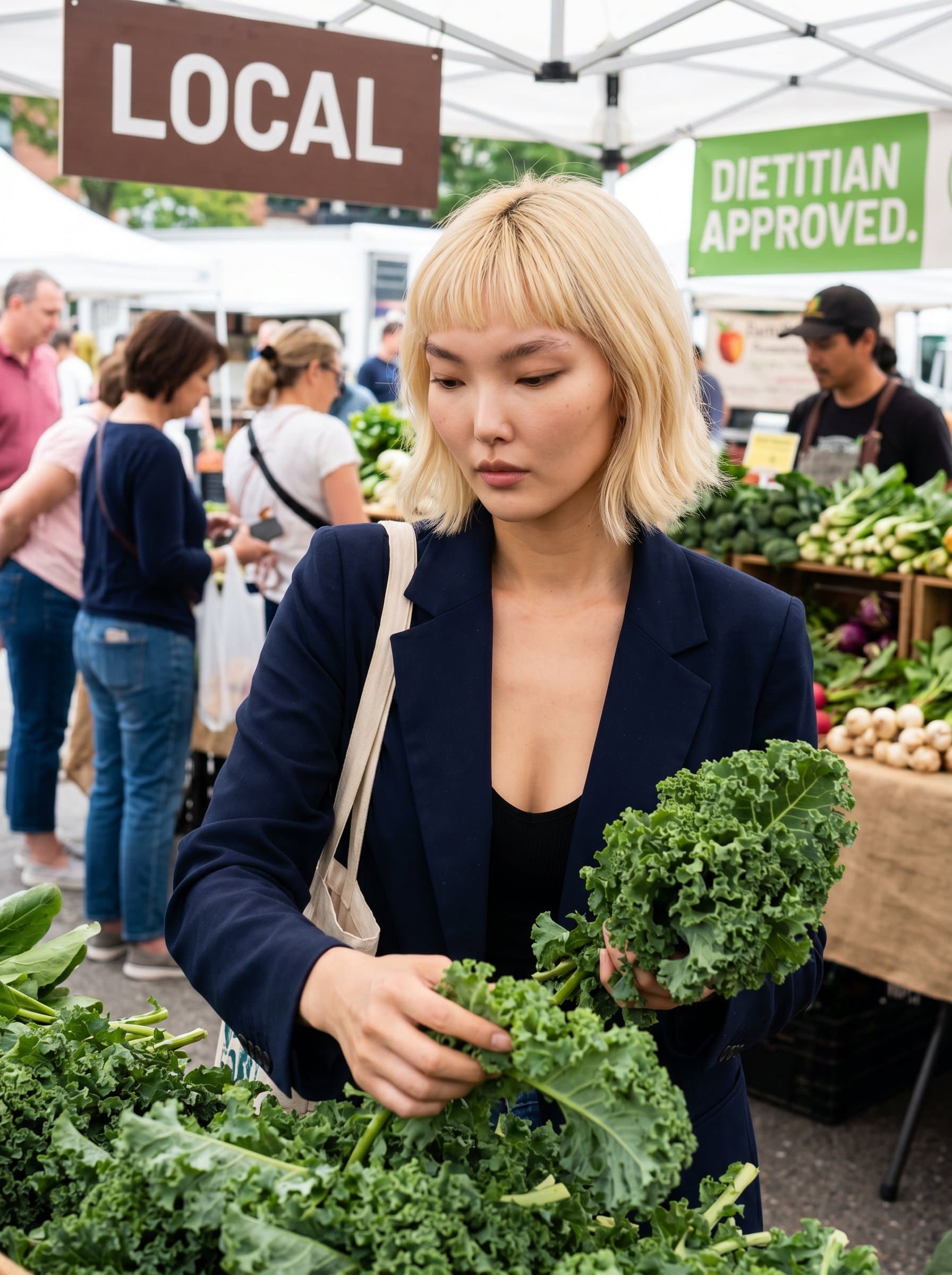 : A professional headshot featuring a dietitian in a bustling farmer's market, selecting fresh produce with a discerning eye.