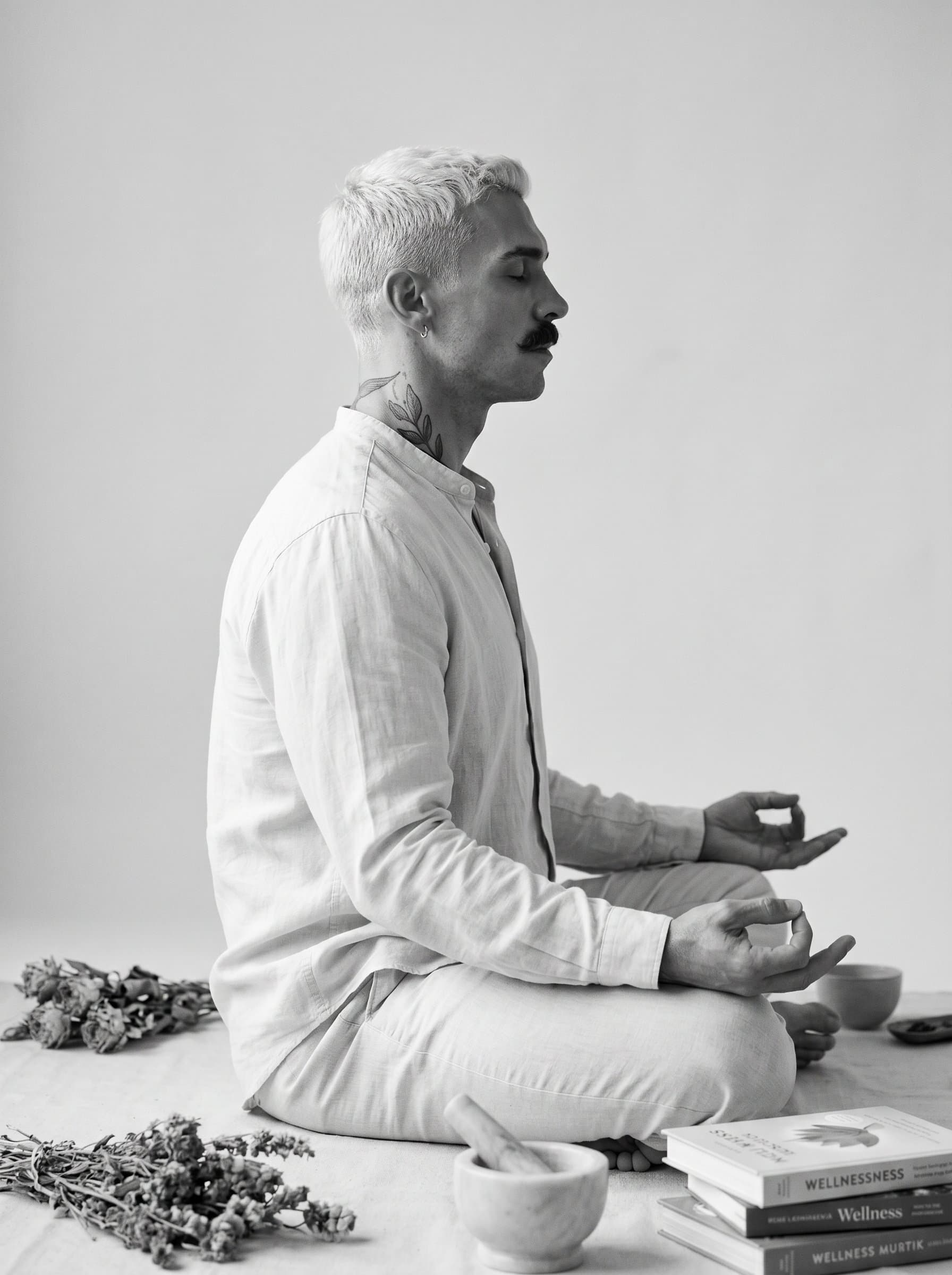 : A serene monochrome profile of a dietitian in meditation, reflecting a holistic approach to health and wellness.