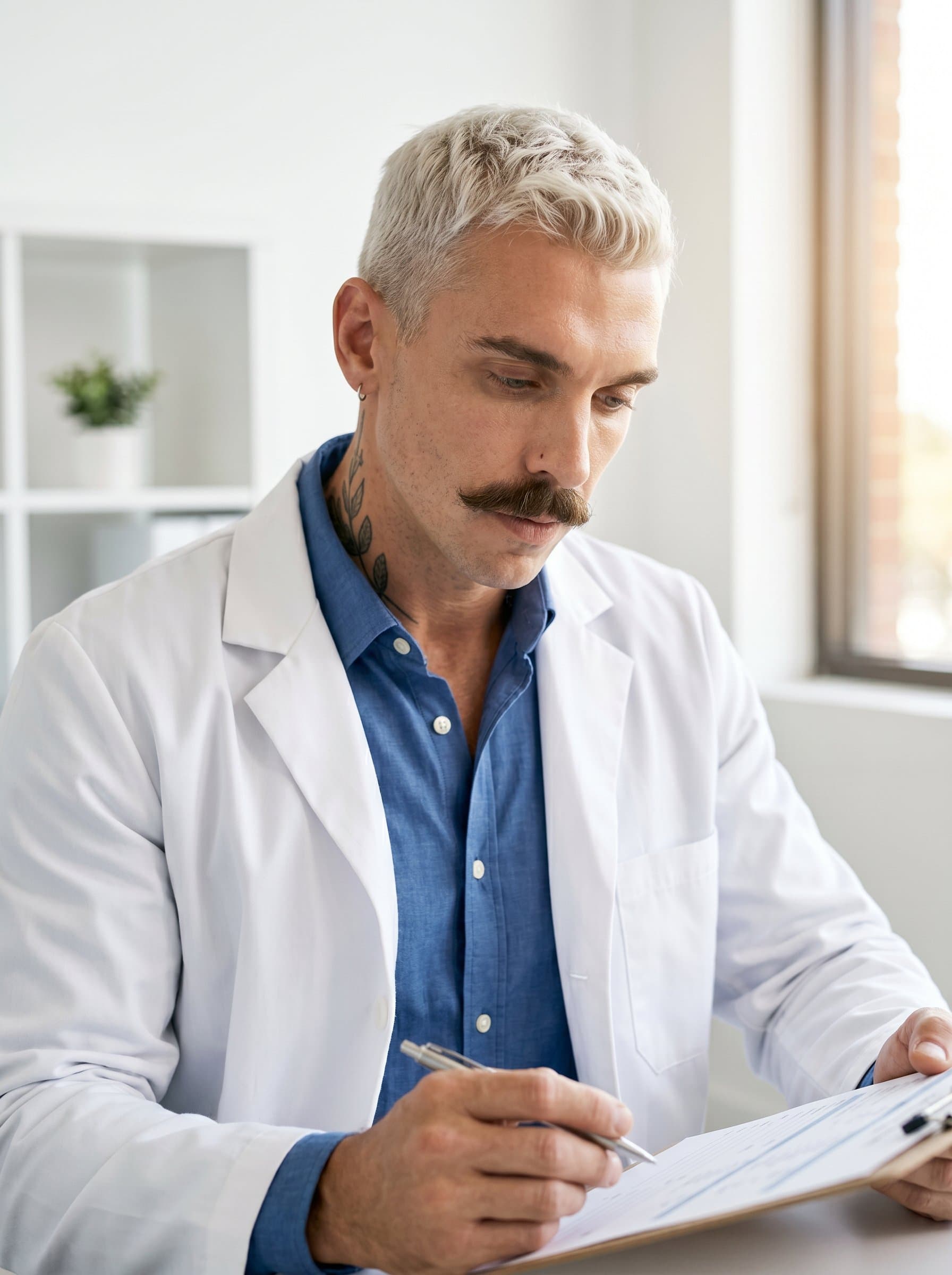 : A headshot in a minimalist white-themed office. The dietitian is examining a client’s health chart with an expression of thoughtful concentration.