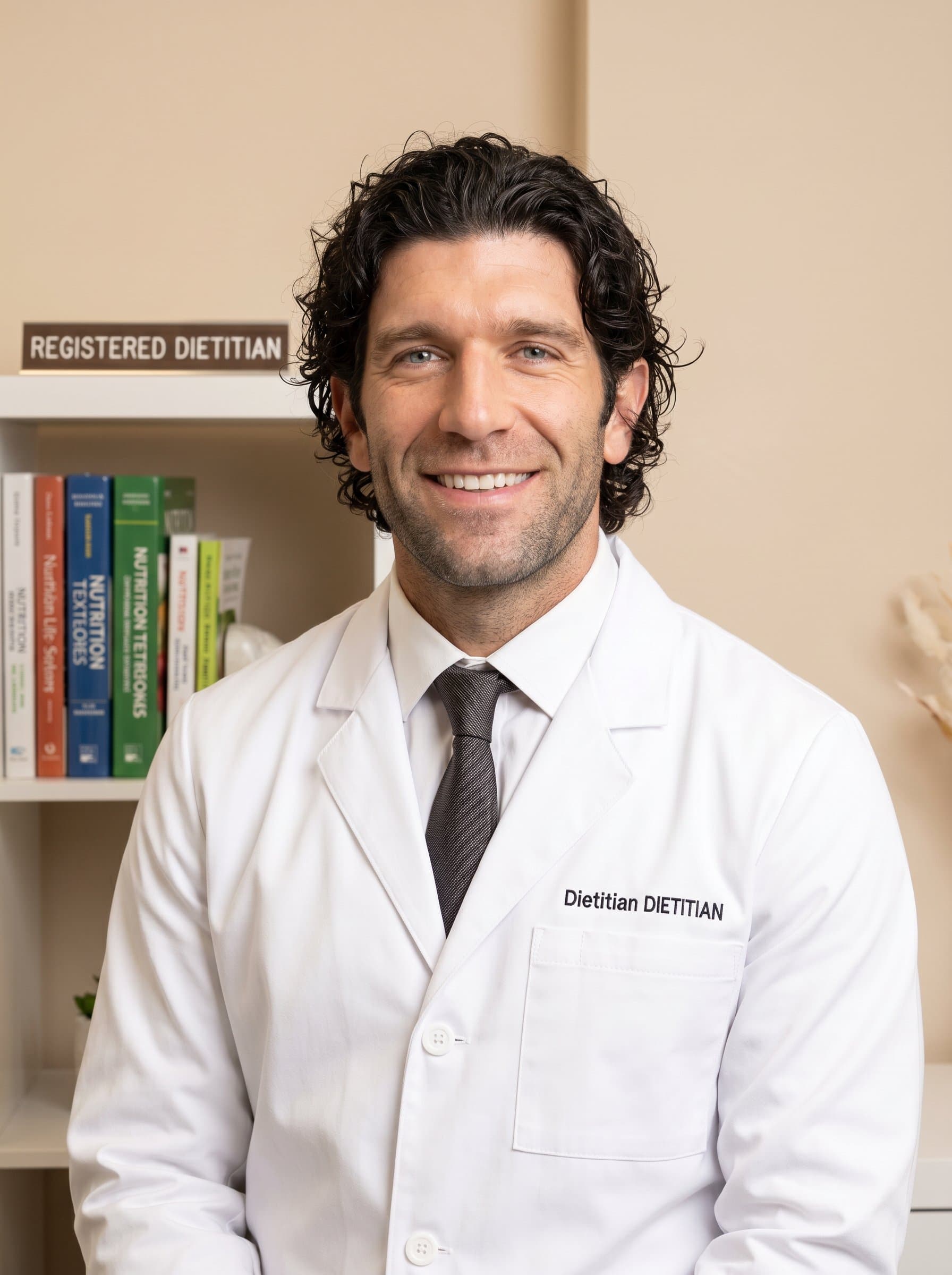 : A classic studio portrait of a dietitian wearing a crisp white coat, with a gentle smile and a background of soft, neutral tones that radiate professionalism.