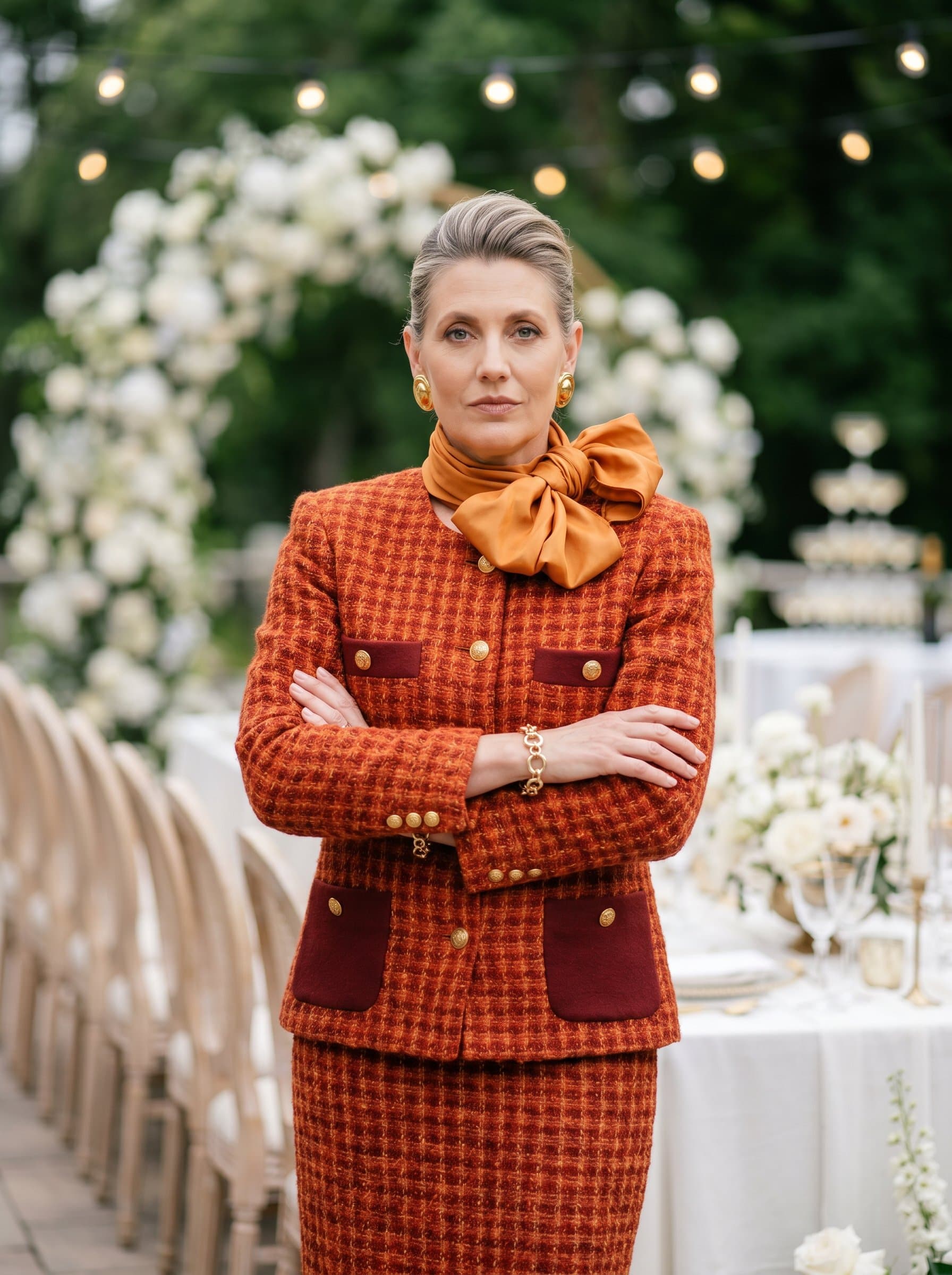 Design a showing a wedding planner in a smart outfit, standing confidently with arms crossed. Use soft-focus background featuring blurred wedding decor elements to emphasize their job expertise.