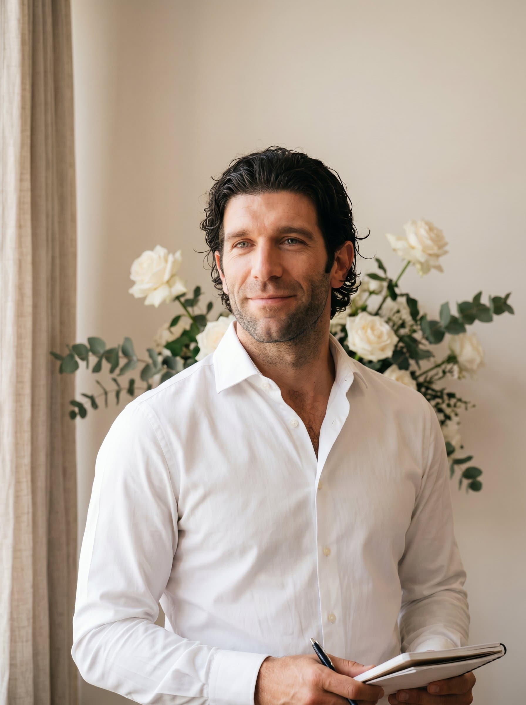 Generate a featuring a wedding planner with a serene expression, wearing a white dress shirt. Ensure the backdrop is a clean, neutral tone with delicate lighting to highlight their professionalism.