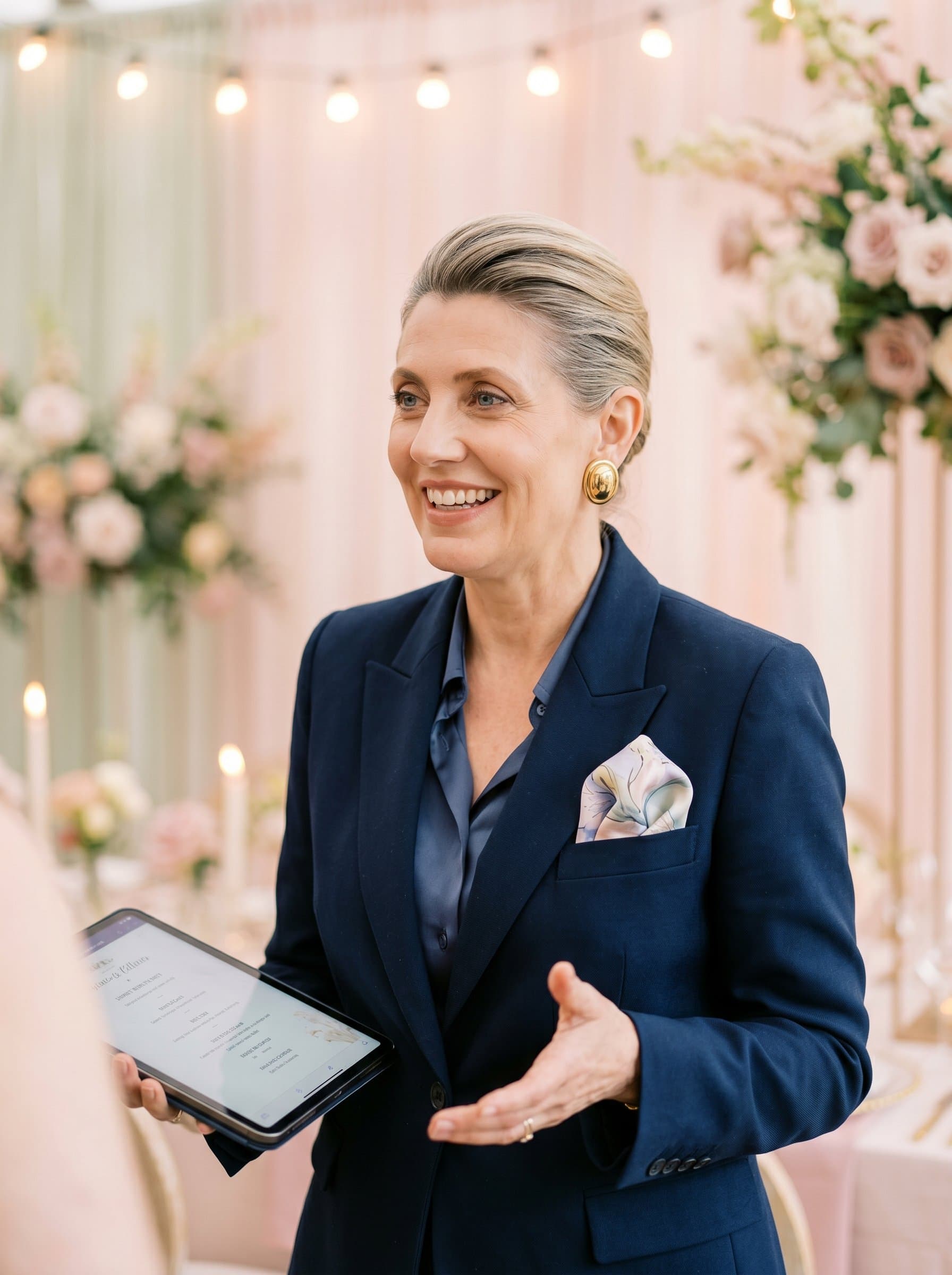 Generate a depicting a wedding planner with a stylish pocket square, smiling warmly. The background should have a subtle bokeh effect with pastel tones to convey elegance and attentiveness.