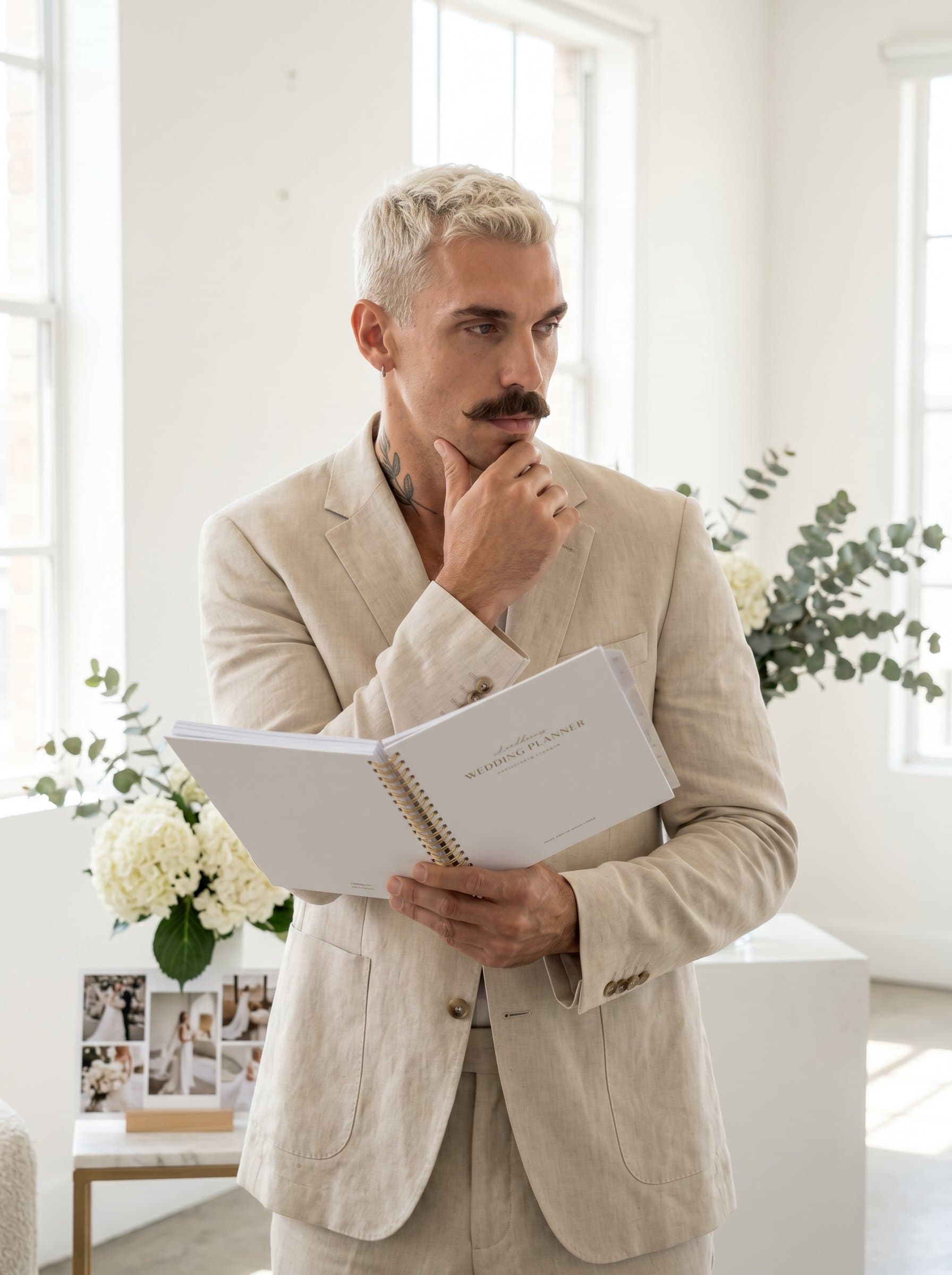 Create a photorealistic of a wedding planner looking thoughtful while holding a planner book. The setting should be a bright, airy room with minimalist decor and subtle floral accents.