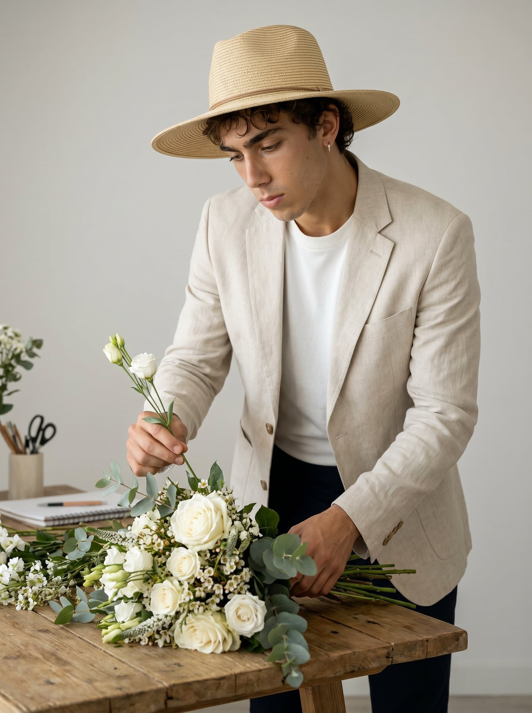 Compose a of a wedding planner thoughtfully arranging flowers. The attire should be smart-casual, with a minimalistic, softly-lit setting to highlight their creativity and attention to detail.