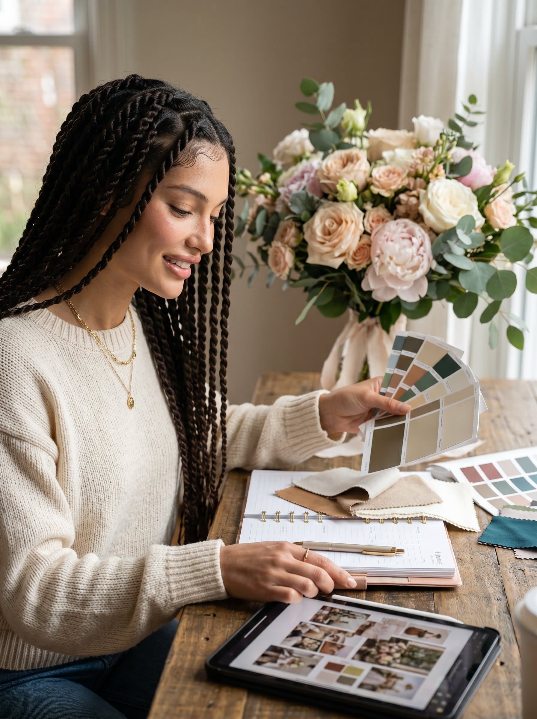 Compose a of a wedding planner seated at a desk, reviewing color swatches. The scene should have soft lighting with a bouquet in the background for a warm, inviting feel.