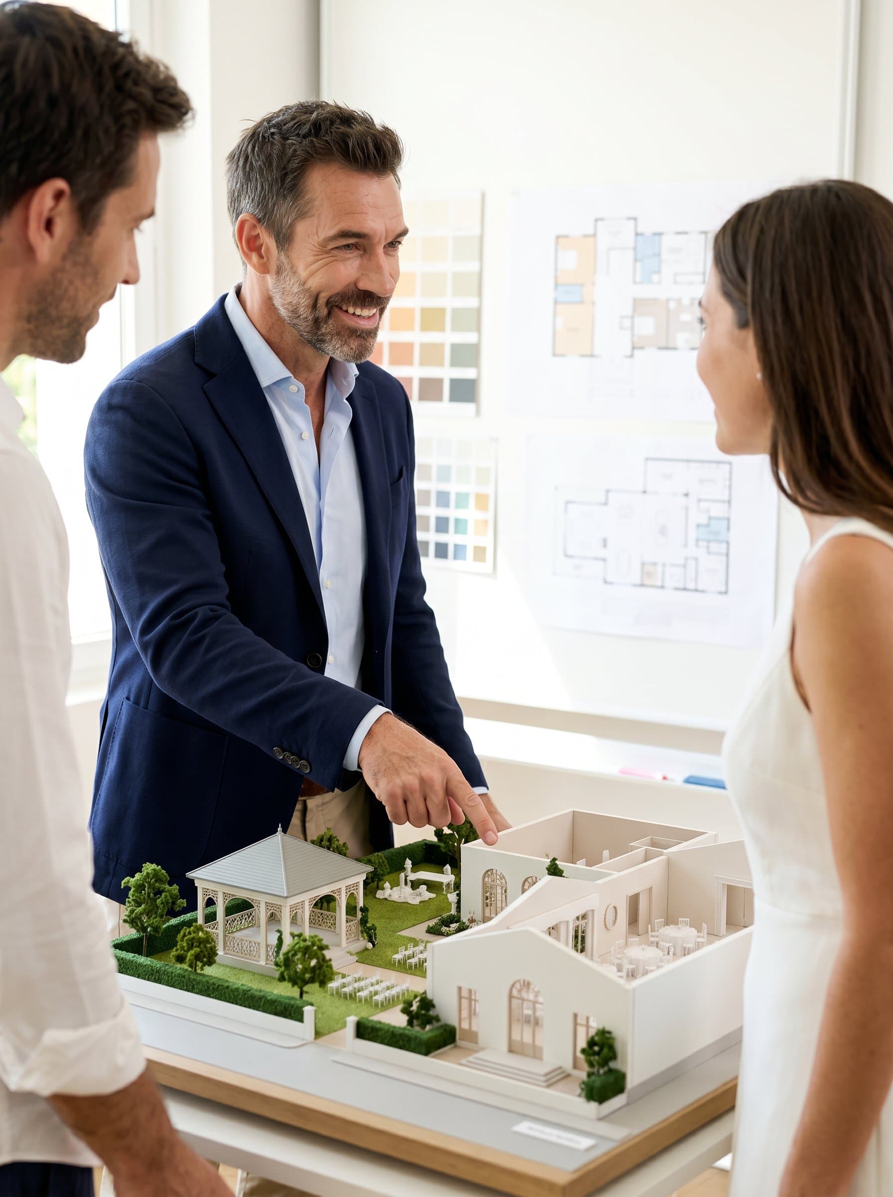 Design a of a wedding planner standing in front of a wedding venue model, pointing towards a feature. The scene should be well-lit with a focus on their approachable disposition.