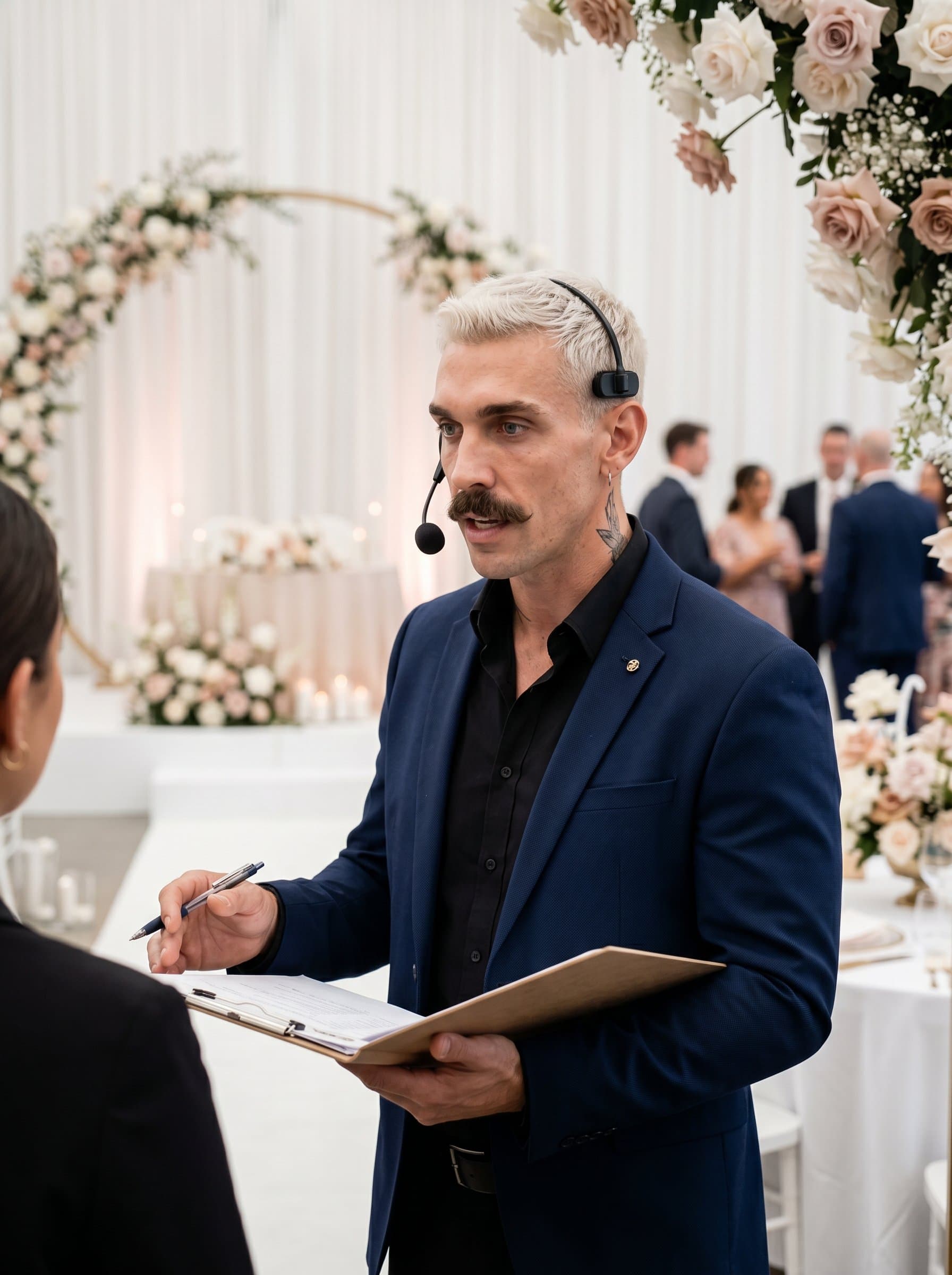 Design a of a wedding planner with a headset, coordinating an event. The attire is polished, and the background subtly includes wedding motifs like delicate arches or floral arrangements.
