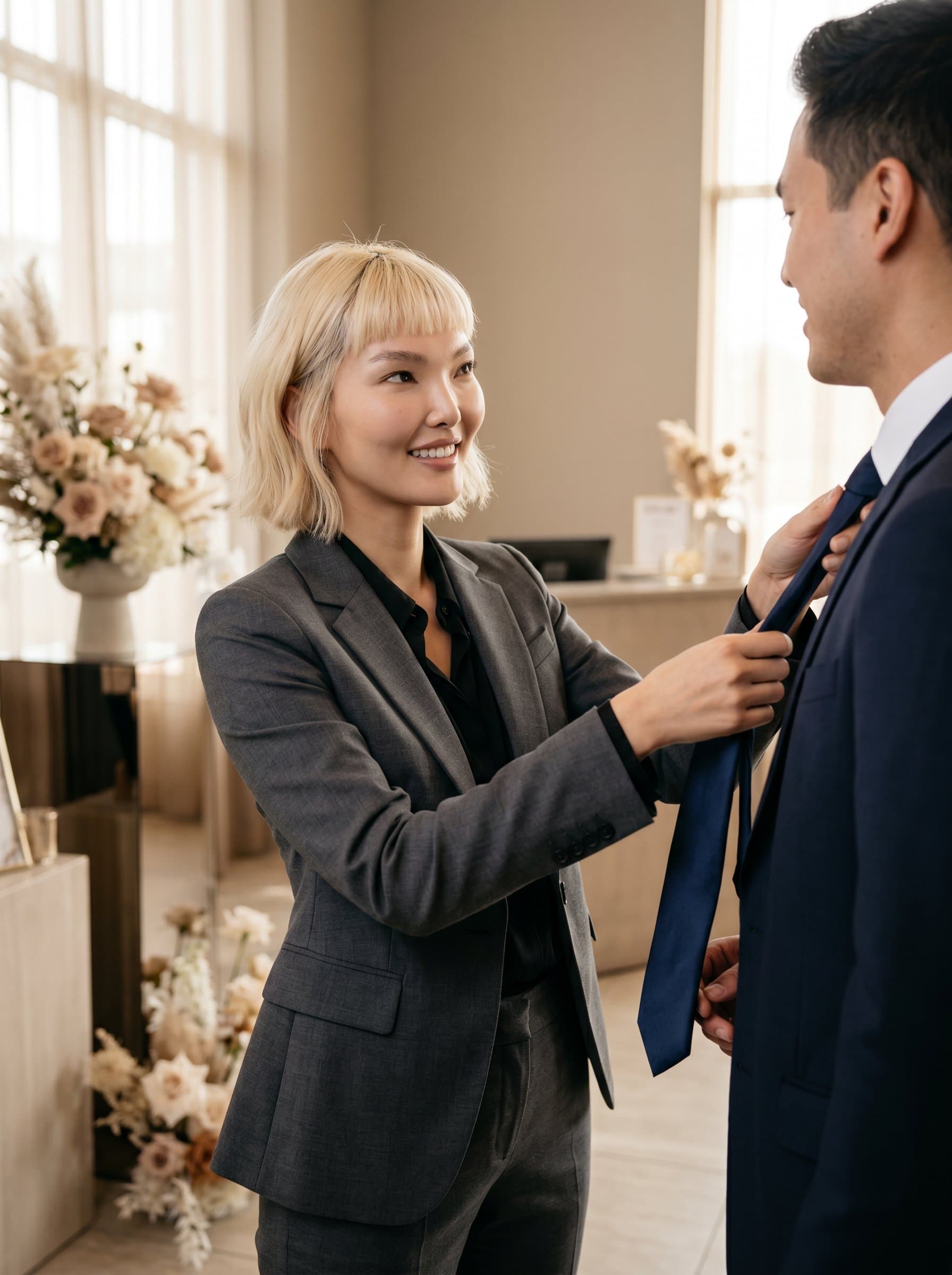 Generate a of a wedding planner adjusting a tie, exuding confidence in a tasteful suit. The setting should be softly lit, with a neutral background to highlight their authoritative yet approachable persona.