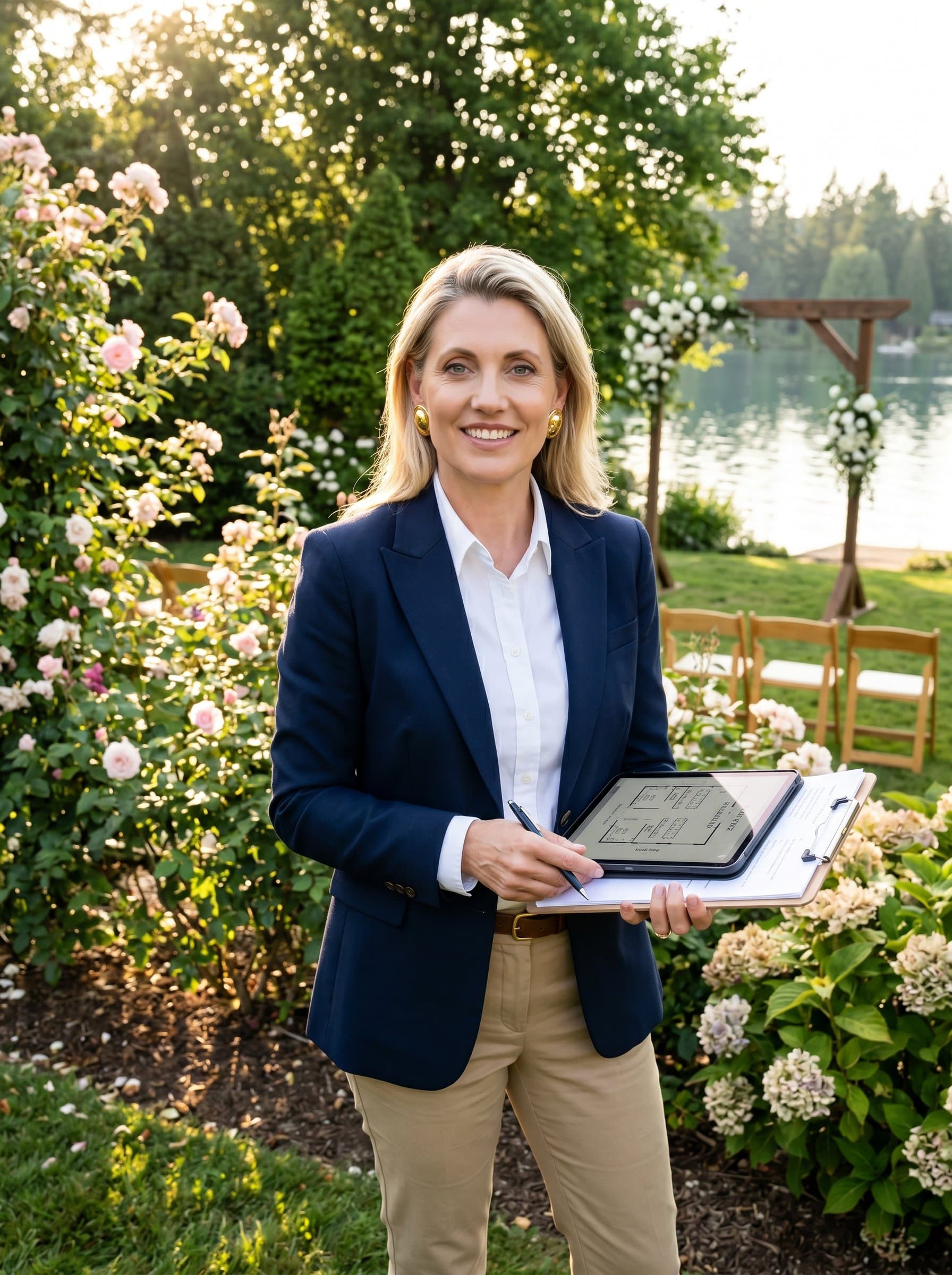 Create a showing a wedding planner in a peaceful outdoor setting, possibly a garden, dressed in chic business-casual attire, with gentle sunlight adding a natural, vibrant touch.