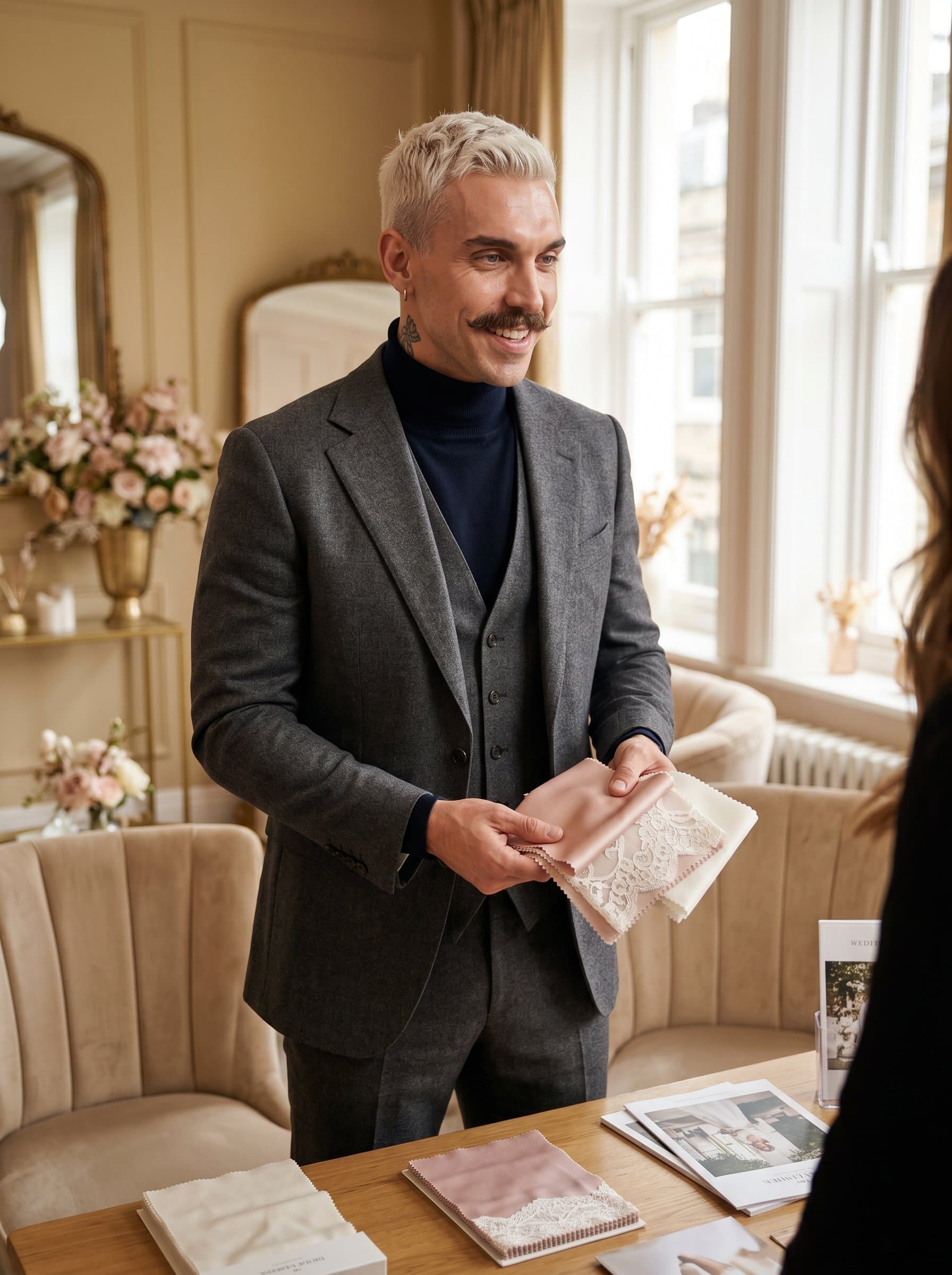 Compose a of a wedding planner holding a fabric swatch, dressed elegantly. The scene should have a warm color palette with indirect lighting to convey their sophisticated and attentive nature.