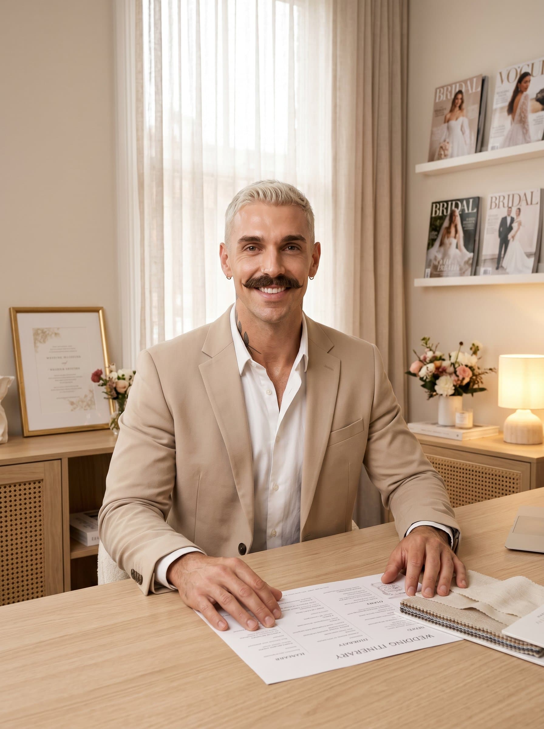 Produce a showing a wedding planner sitting in a cozy, well-designed office space. They exude professionalism with a poised posture and welcoming smile, surrounded by tasteful decor elements.