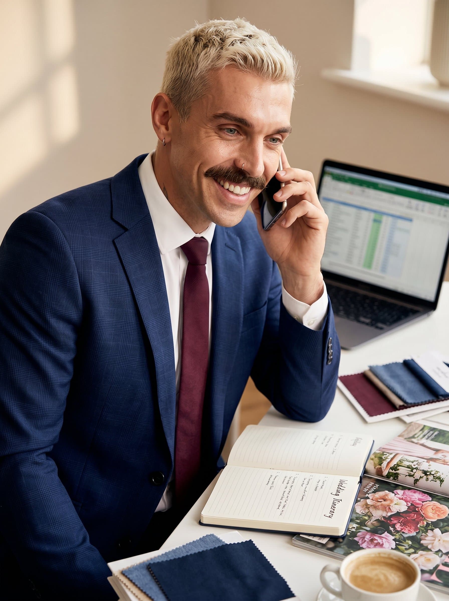 Produce a of a wedding planner engaging in a phone call, wearing an elegant suit. The background should be softly blurred with hints of wedding planning tools like a laptop and notes.