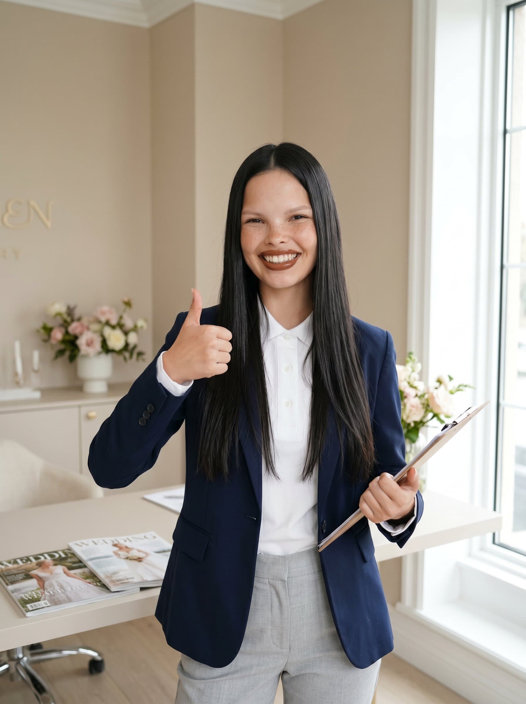 Create a showing a wedding planner giving a thumbs-up, wearing a fashionable business-casual outfit. The background needs to be clean and understated, enhancing their positive and energetic vibe.