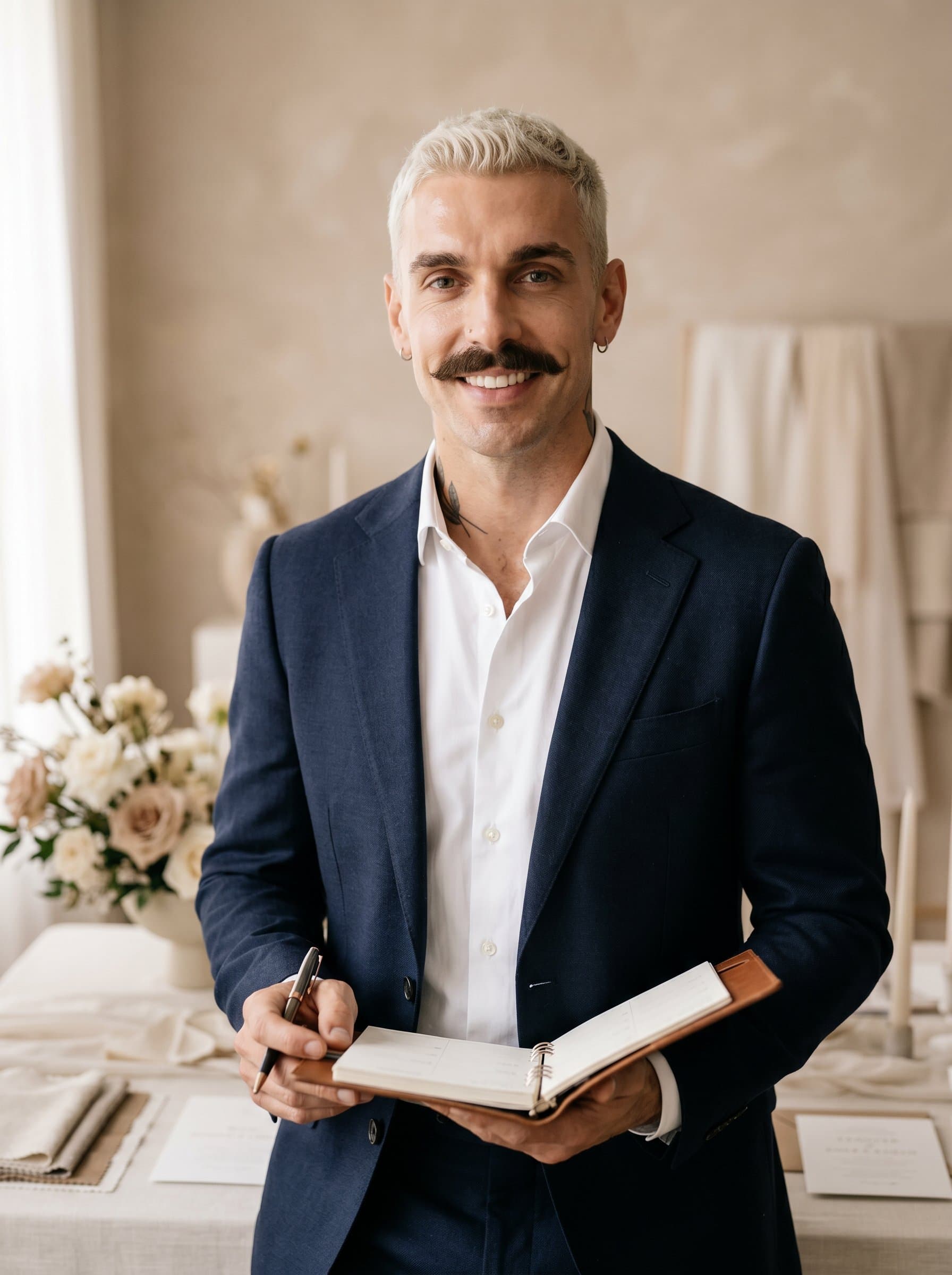 Design a of a wedding planner in a softly lit interior, wearing a tailored jacket with an inviting expression. The background should be neutral, allowing their professional and elegant style to stand out.