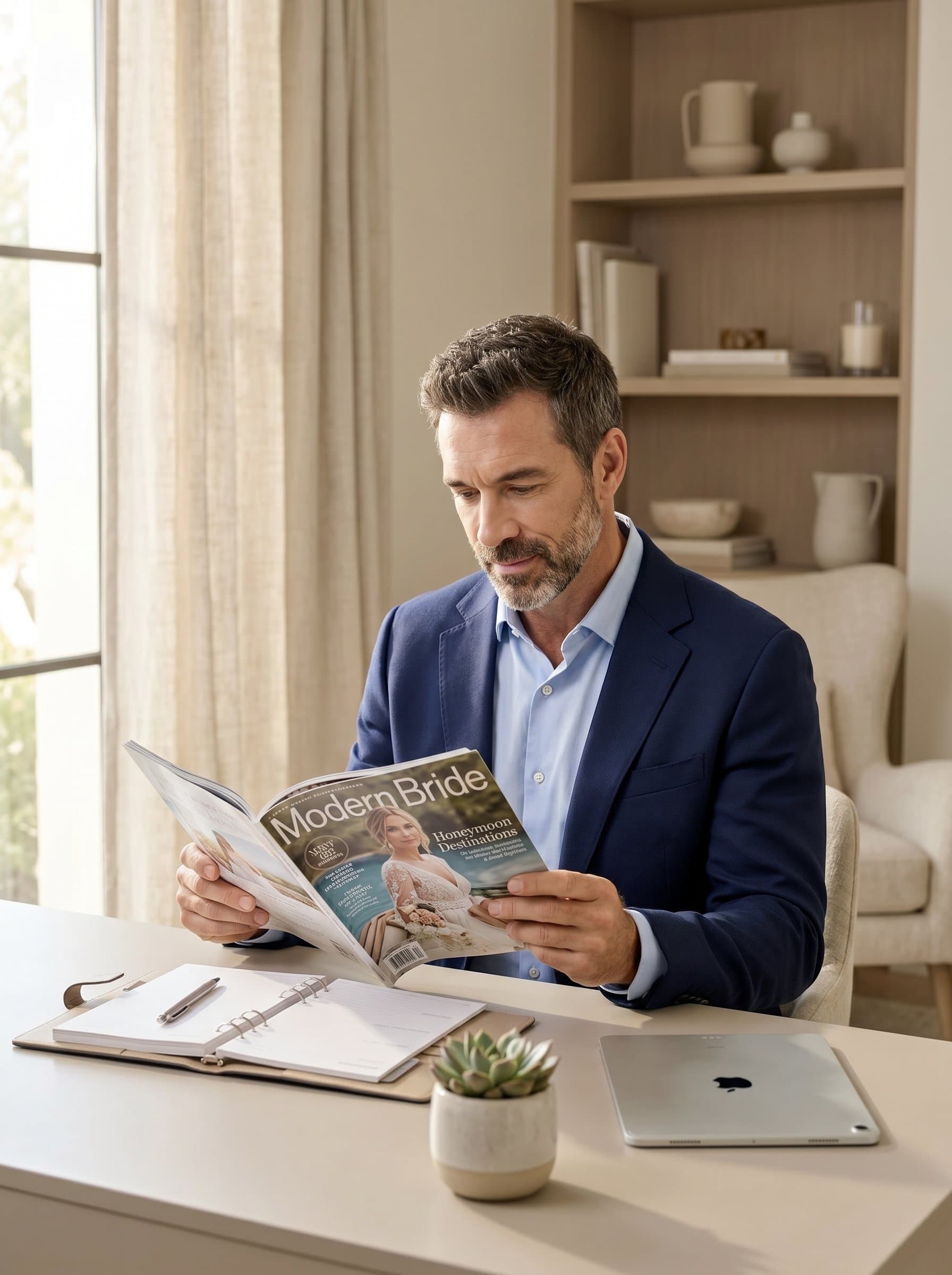 Produce a of a wedding planner reading a wedding magazine, seated at a refined desk. The setting should convey tranquility and professionalism, with soft, inviting lighting and minimalistic decor.