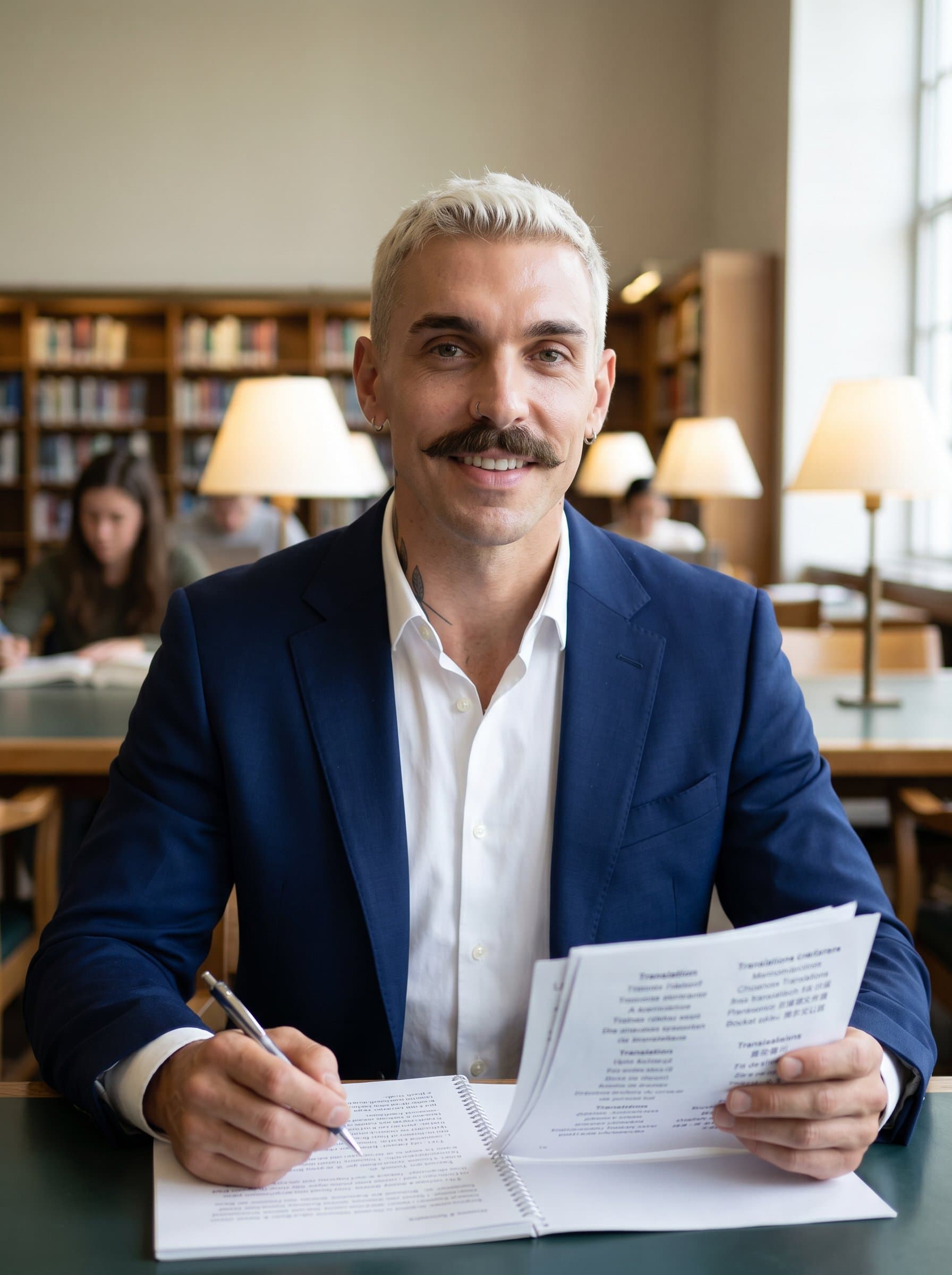 A well-lit photo of a translator wearing a tailored jacket, holding a pen, with a soft-focus library background, evoking clarity and focus.