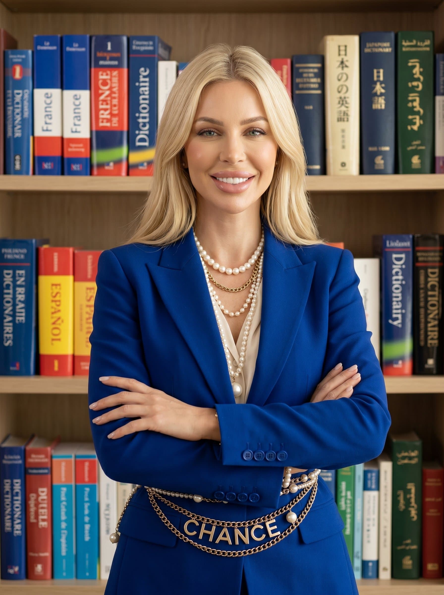 A translator in a blue blazer stands confidently against a backdrop of international books, softly lit to highlight professionalism and approachability.