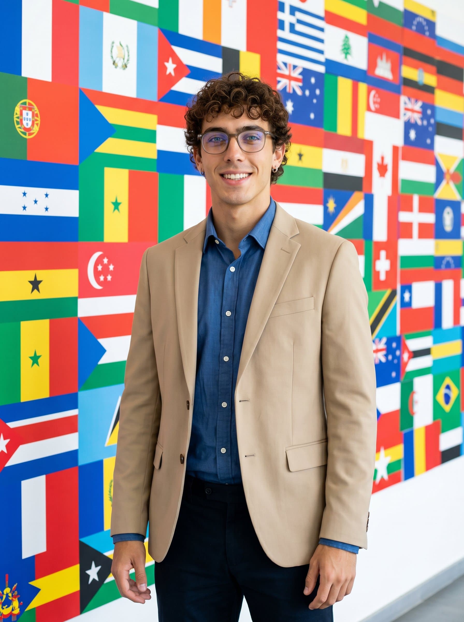 A translator wearing glasses and a smart casual outfit stands against a wall of colorful international flags, symbolizing linguistic diversity.