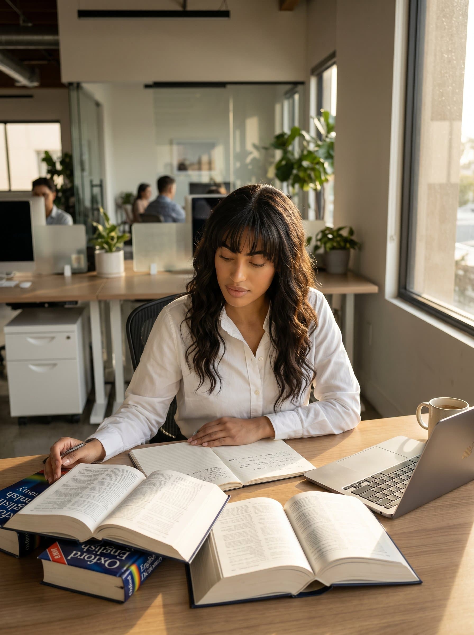 In a modern office setting, a translator in a crisp white shirt sits at a desk with open dictionaries, bathed in warm, natural light.