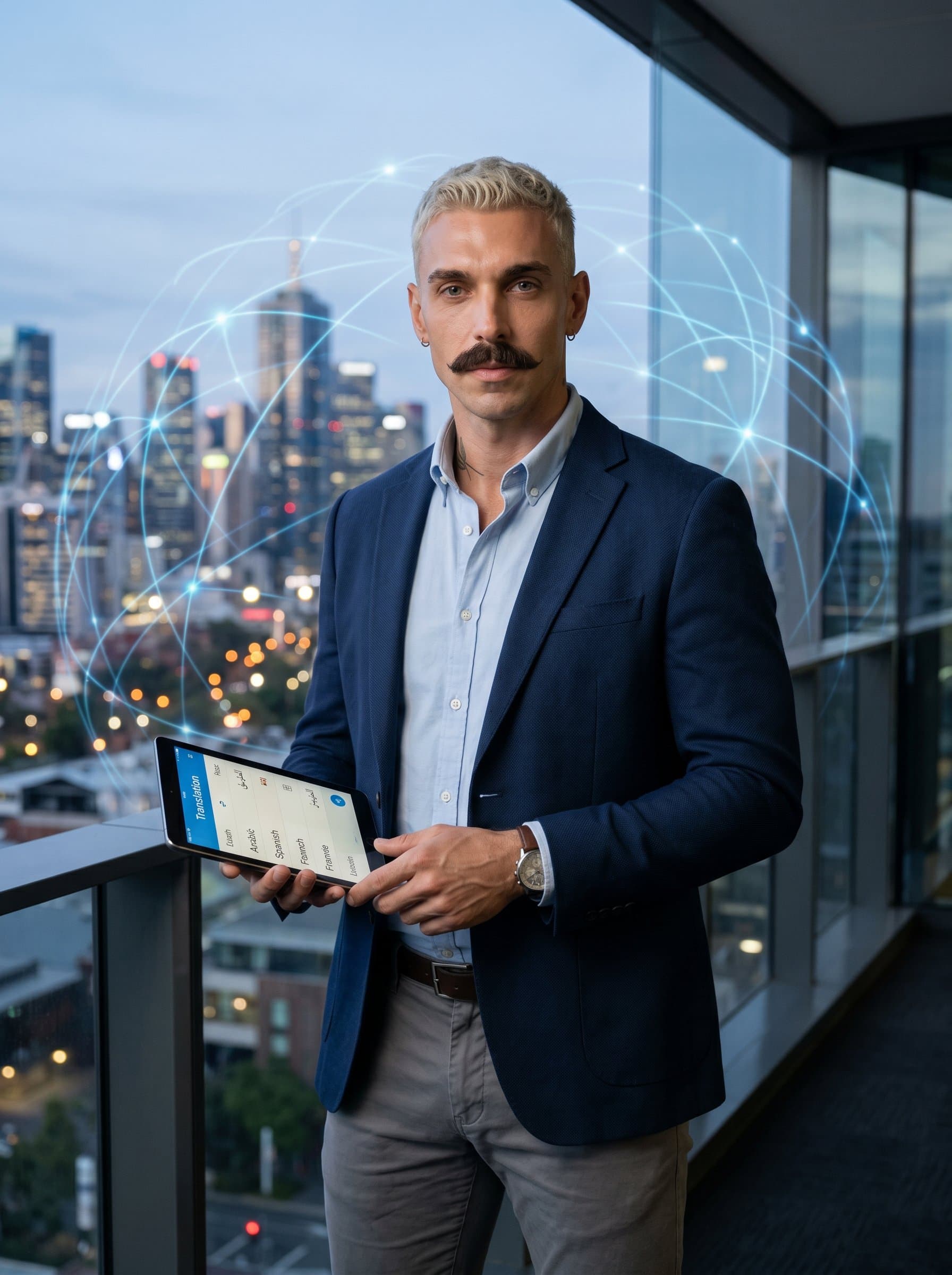 A man dressed in business casual attire, with a blurred city skyline in the background, symbolizing global connectivity and linguistic expertise.