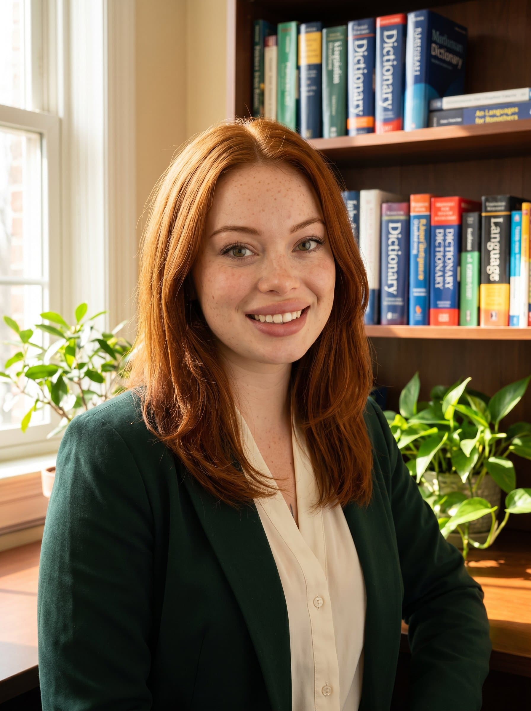 A headshot capturing a translator in a cozy office setting, with a plant and books in view, conveying a welcoming and knowledgeable persona.